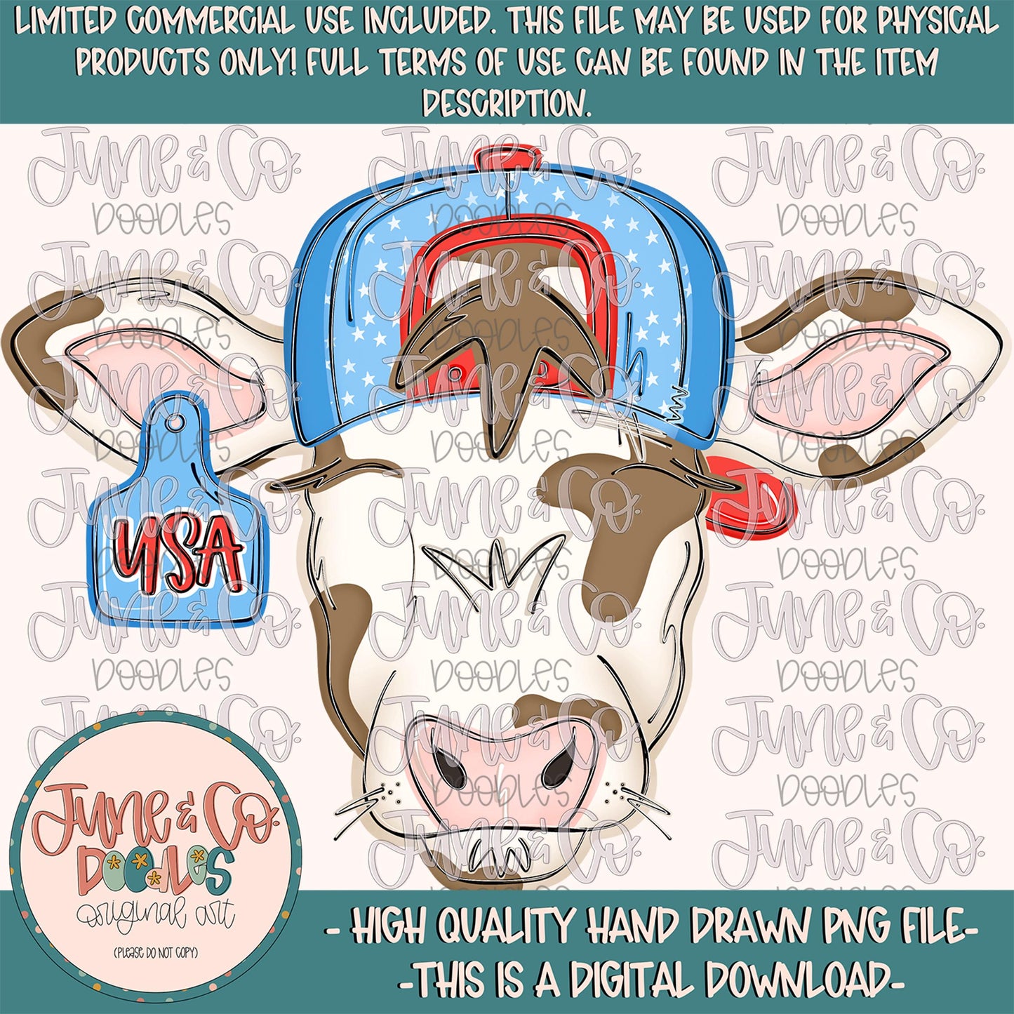 Boy Patriotic Cow PNG| Cool Cow In Backwards Hat Sublimation File| Boys USA Cow Tag Shirt Design| Hand Drawn Farm Animal| Digital Download