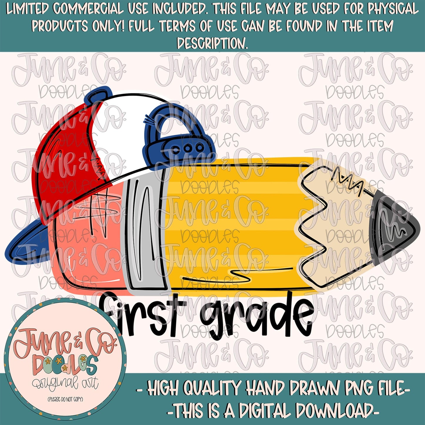 Boys First Grade Pencil PNG| Pencil With Backwards Hat Sublimation File| Elementary Grade Level Design| Hand Drawn Art| Digital Download
