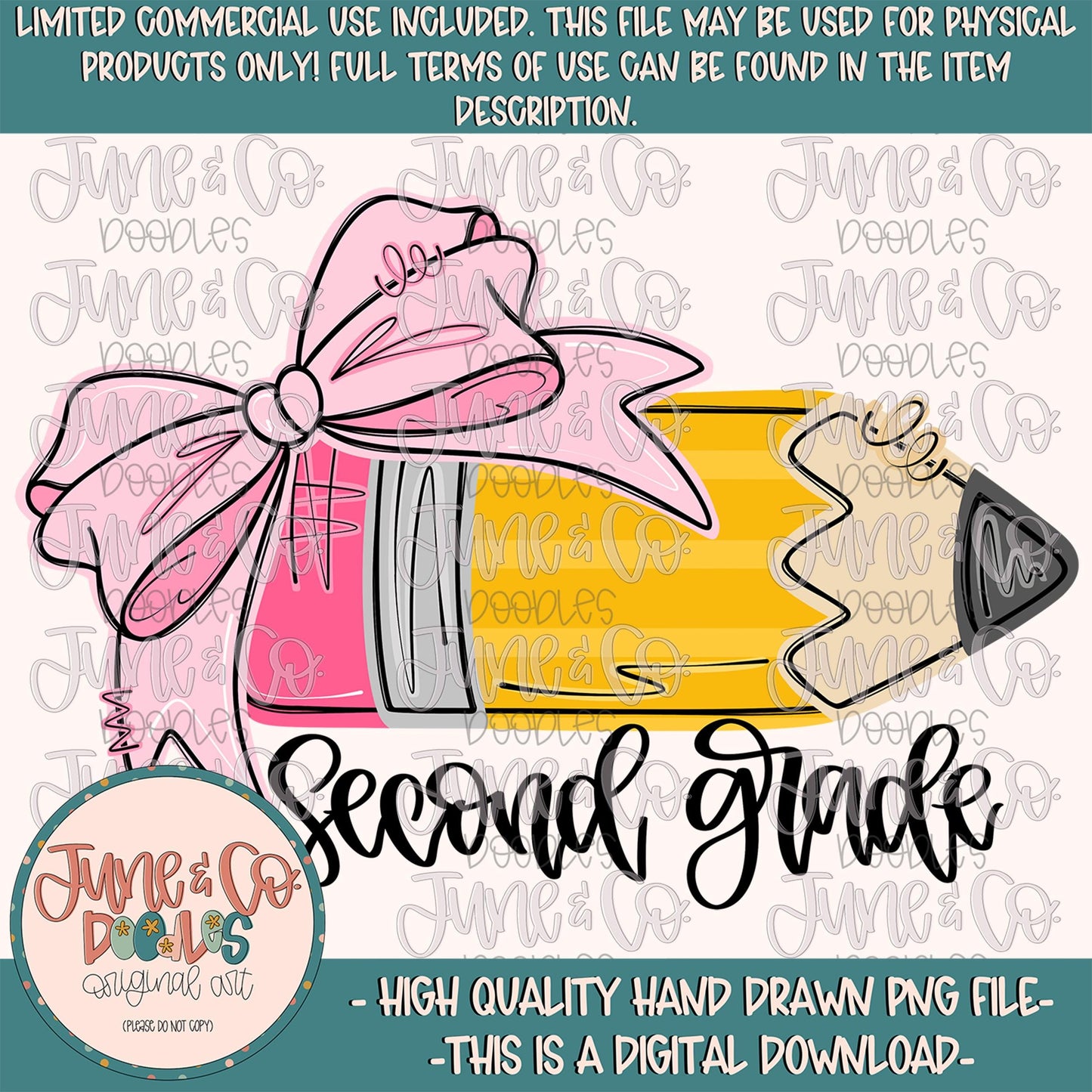 Girls Second Grade Pencil PNG| Coquette Back To School DTF File| Elementary Grade Level Shirt Design| Hand Drawn Art| Digital Download