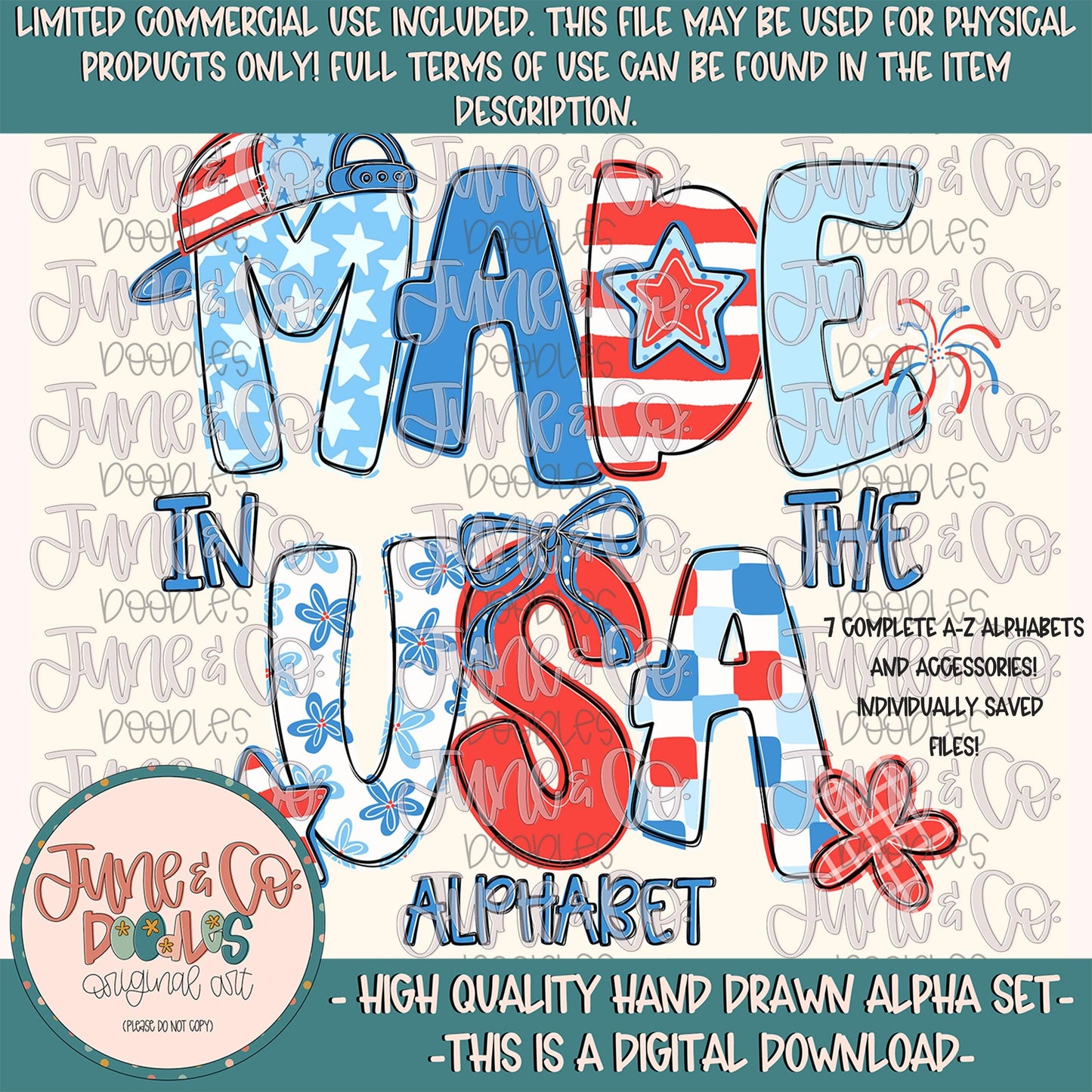 Made In The USA Alphabet Set- PNG| Patriotic Doodle Alpha| Individually Saved Letters| A-Z Doodle Letters PNG| Digital Download