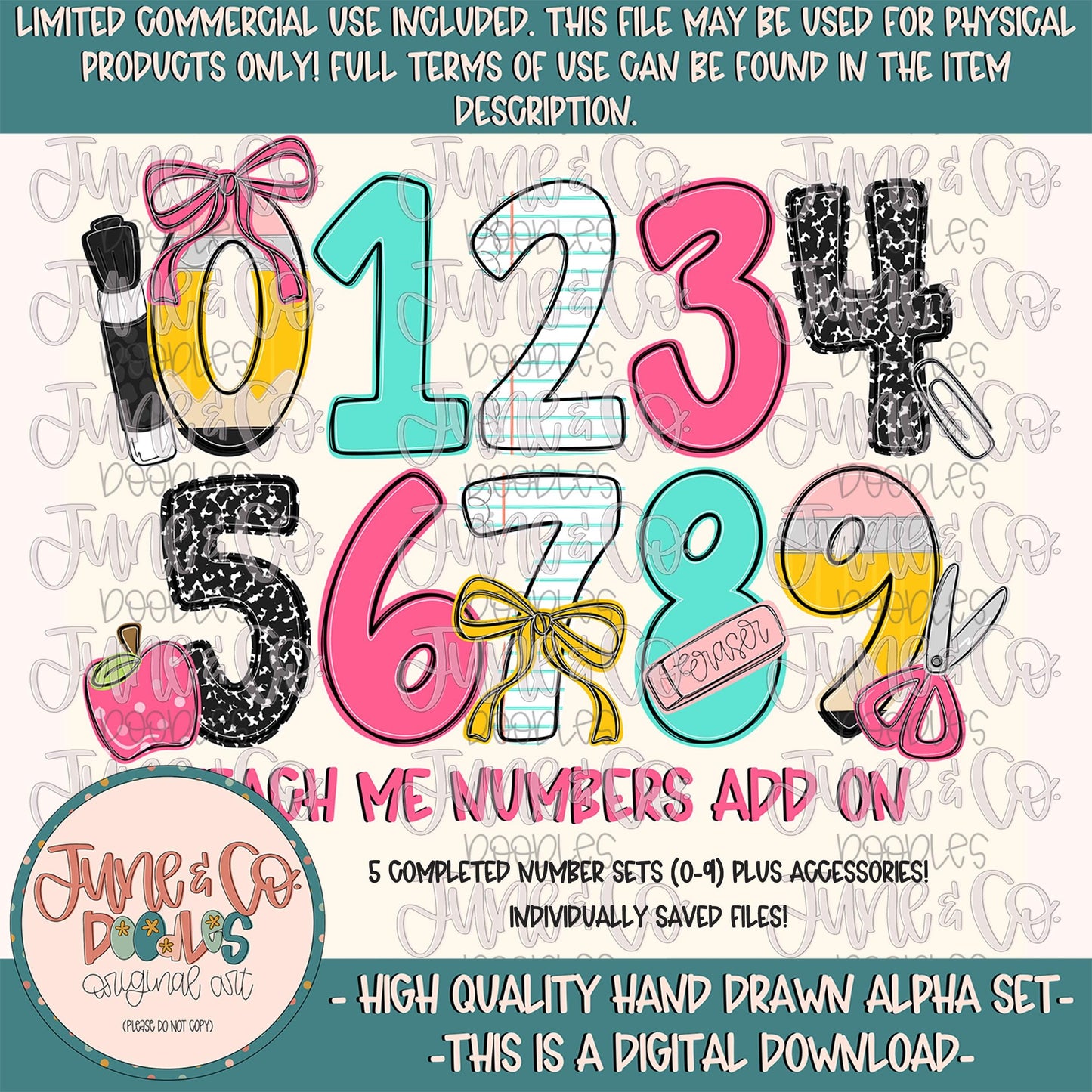 Teach Me Numbers Add On- PNG| Girly Teacher Alpha| Individually Saved Numbers| Back To School Numbers| Doodle Letters PNG| Digital Download