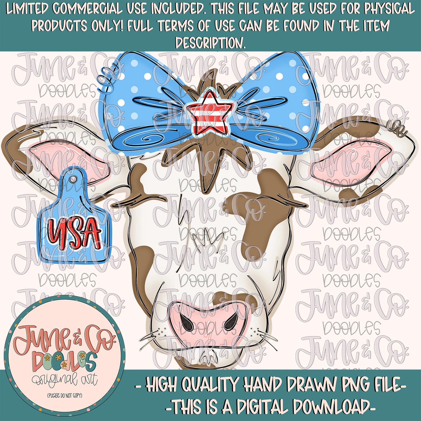 Patriotic Girl Cow PNG| Coquette Cow In Bow Sublimation File| American Cow Tag Shirt Design| Hand Drawn Farm Animal | Digital Download