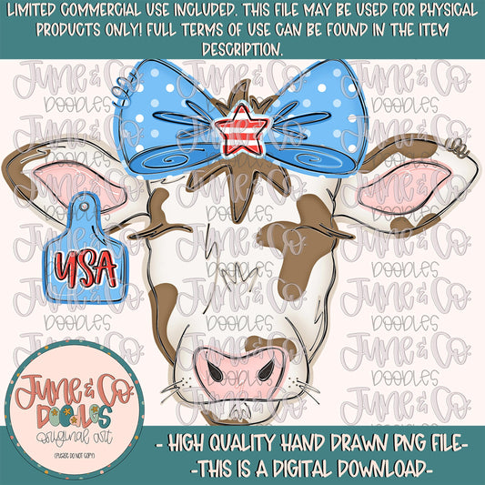 Patriotic Girl Cow PNG| Coquette Cow In Bow Sublimation File| American Cow Tag Shirt Design| Hand Drawn Farm Animal | Digital Download