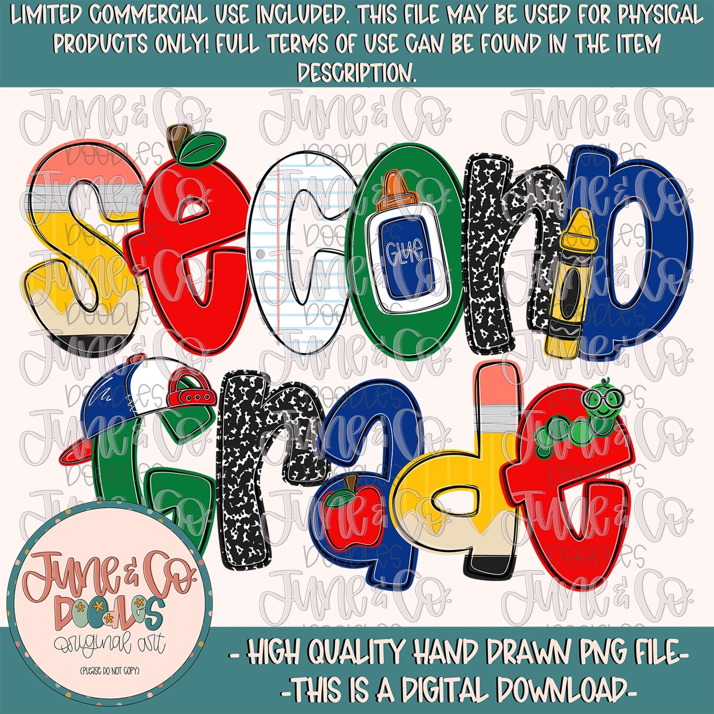 Boys Second Grade PNG| Cool Back To School Sublimation File| Little Boy Elementary Grade Level Design| Hand Drawn Art| Digital Download