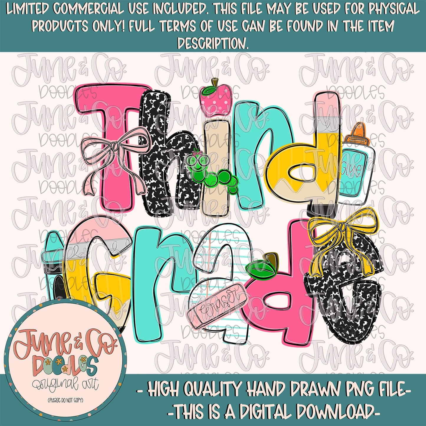 Girls Third Grade PNG| Coquette Back To School Sublimation File| Girly Elementary Grade Level Design| Hand Drawn Art| Digital Download