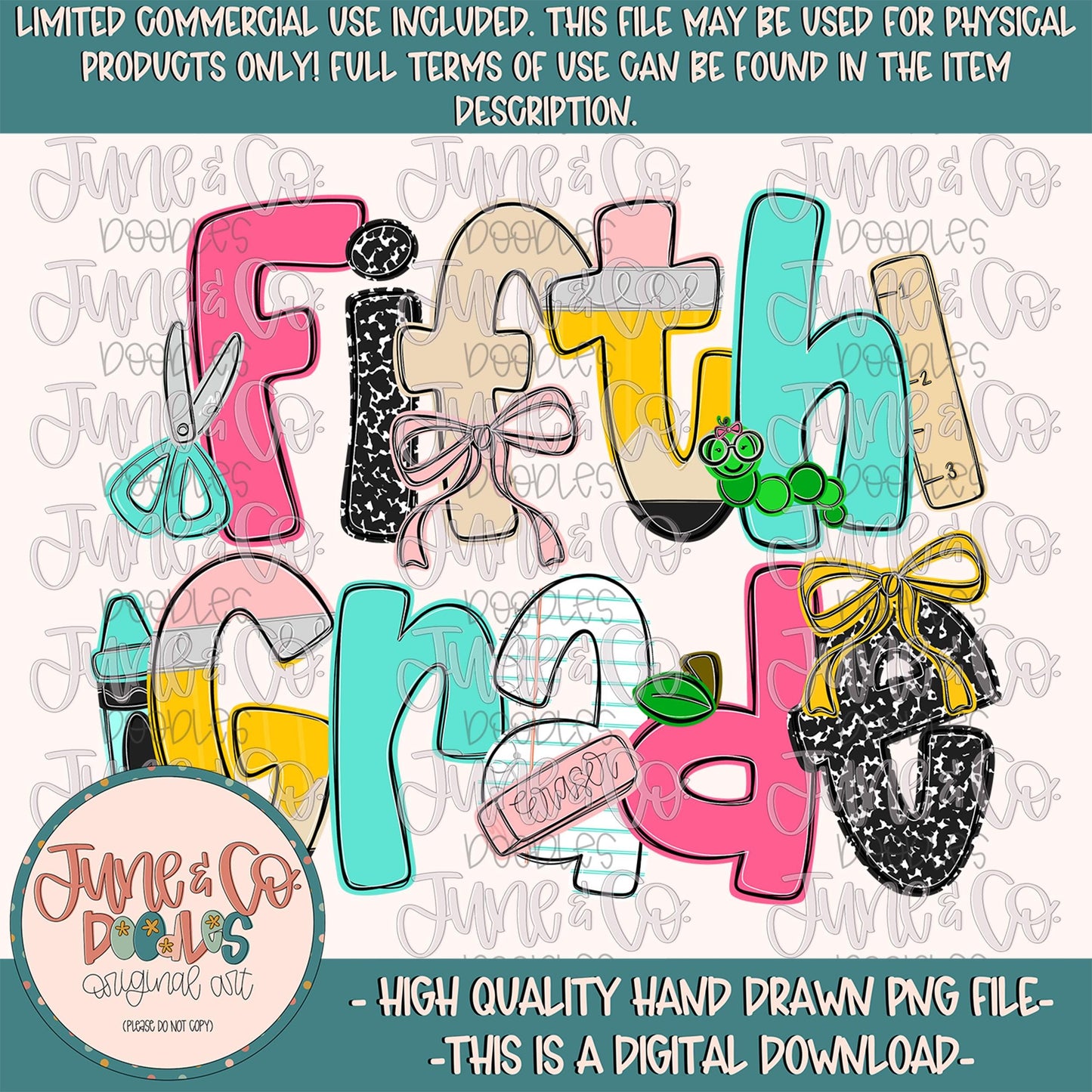 Girls Fifth Grade PNG| Coquette Back To School Sublimation File| Girly Elementary Grade Level Design| Hand Drawn Art| Digital Download