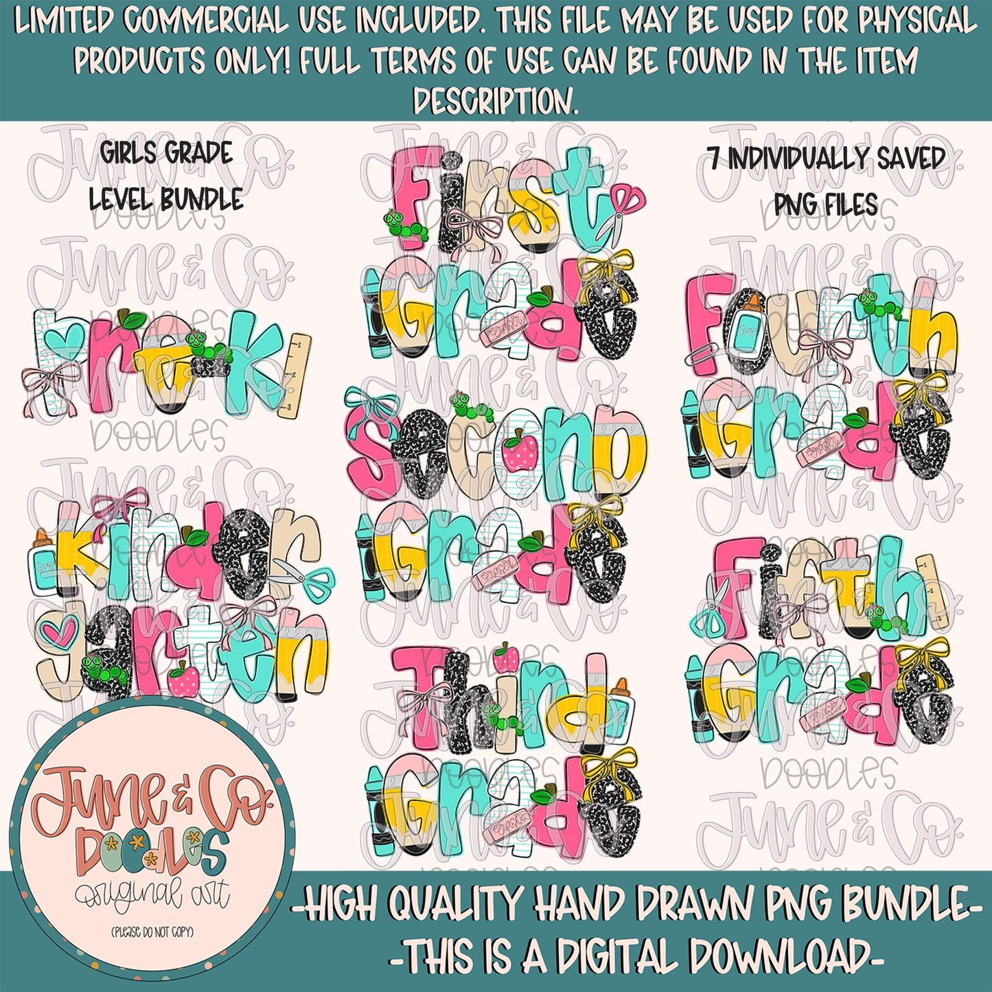 Girls Grade Level PNG Bundle| Coquette Back To School Sublimation Files| Elementary School Shirt Designs| Hand Drawn Art| Digital Download