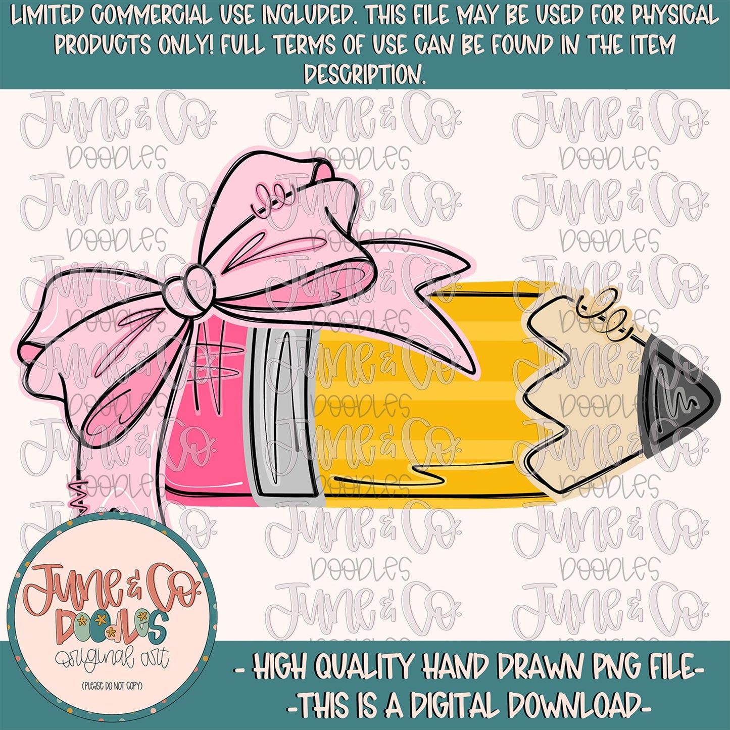 Girls Pencil With Bow PNG| Coquette Back To School DTF File| Girly Elementary School Shirt Design| Hand Drawn Art| Digital Download
