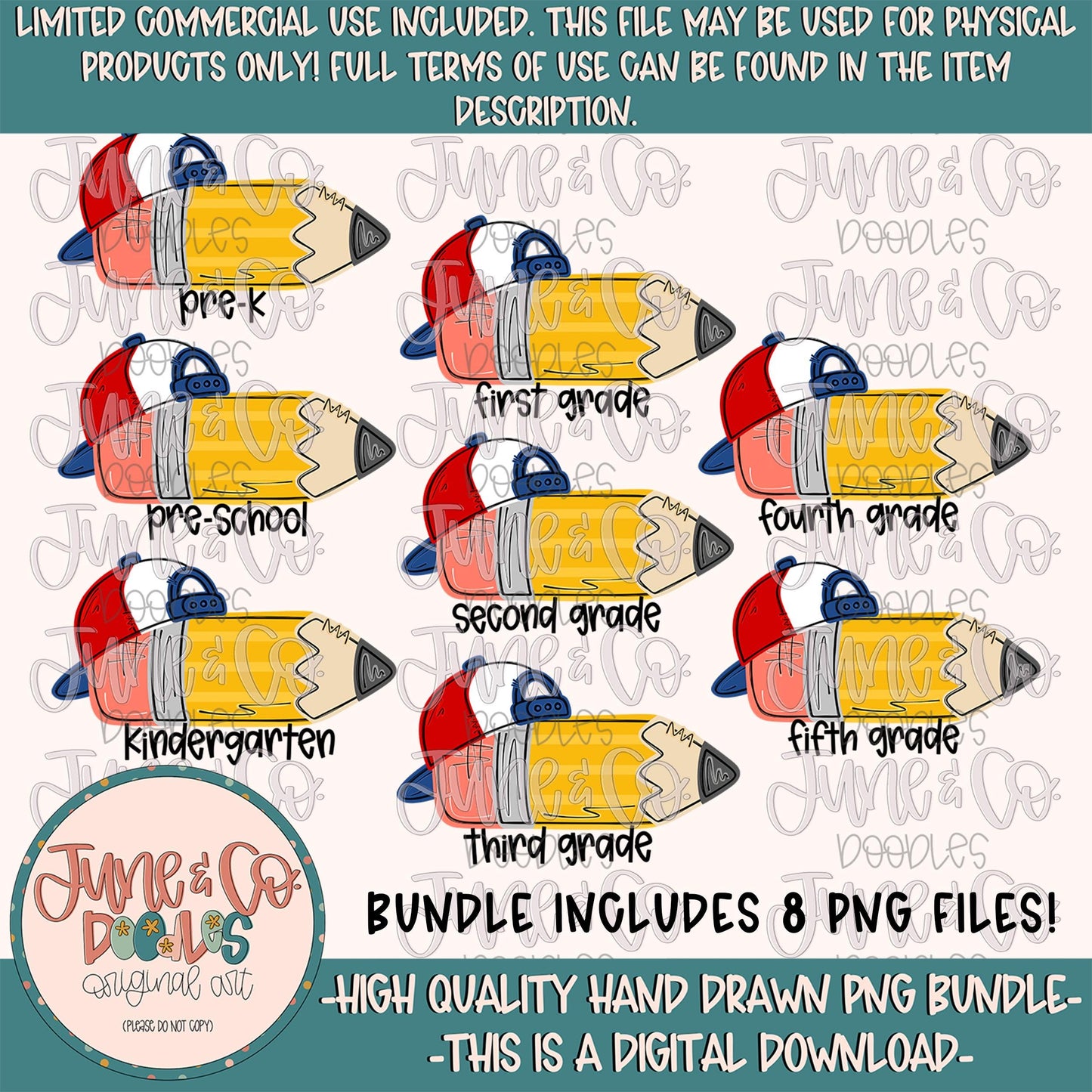 Boys Grade Level Pencil PNG Bundle| Boys Back To School Sublimation File| Elementary School Shirt Design| Hand Drawn Art| Digital Download