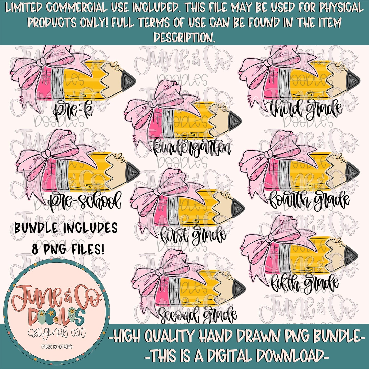 Girls Grade Level Pencil PNG Bundle| Girls Back To School Sublimation File| Elementary School Shirt Design| Hand Drawn Art| Digital Download