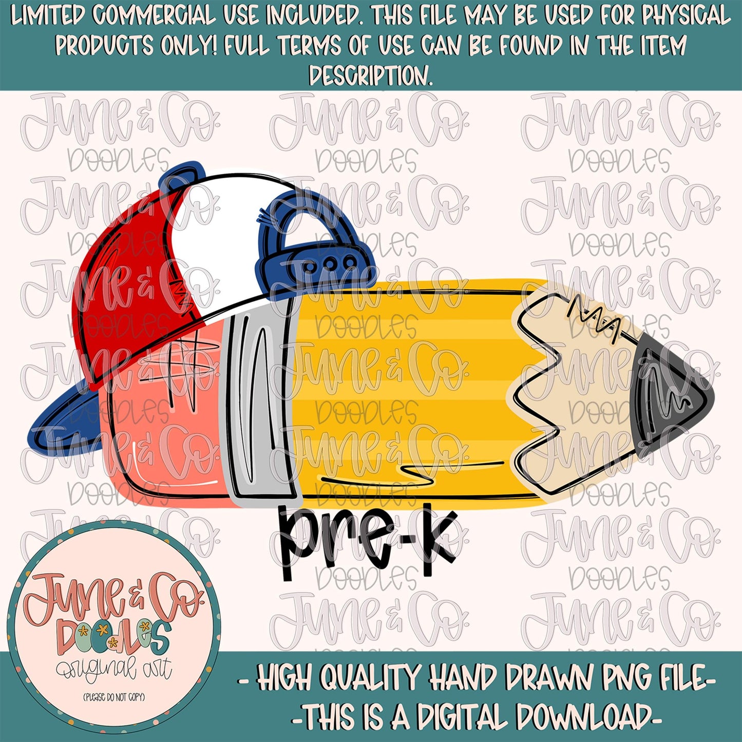 Boys Pre-K Pencil PNG| Pencil With Backwards Hat Sublimation File| Elementary Grade Level Shirt Design| Hand Drawn Art| Digital Download