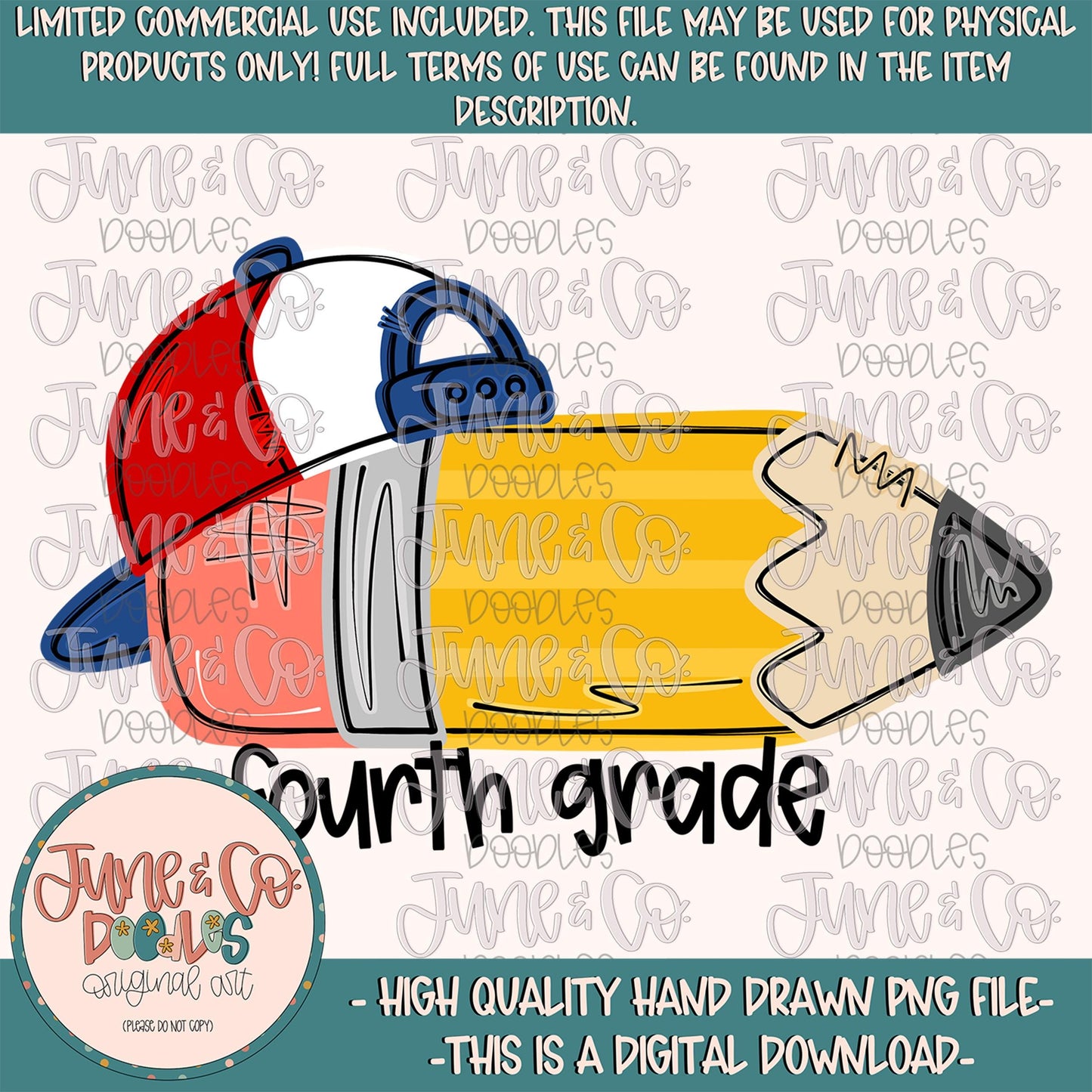 Boys Fourth Grade Pencil PNG| Pencil With Backwards Hat Sublimation File| Elementary Grade Level Design| Hand Drawn Art| Digital Download