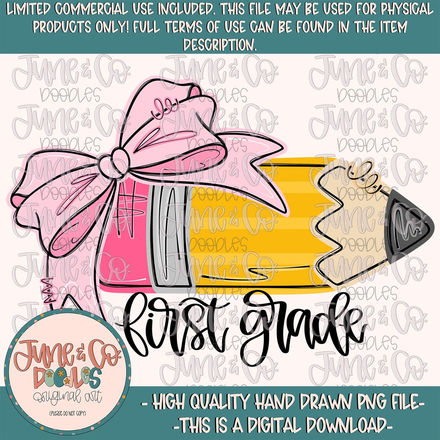 Girls First Grade Pencil PNG| Coquette Back To School DTF File| Elementary Grade Level Shirt Design| Hand Drawn Art| Digital Download