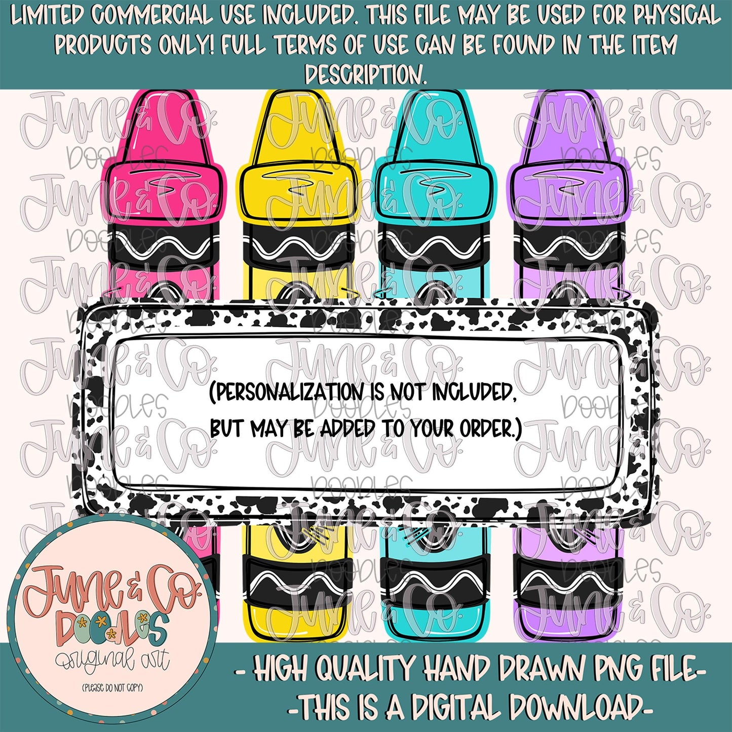 Girls Neon Crayons With Name Plate PNG| Girly Back To School Sublimation File| Bright Crayon Shirt Design| Hand Drawn Art| Digital Download