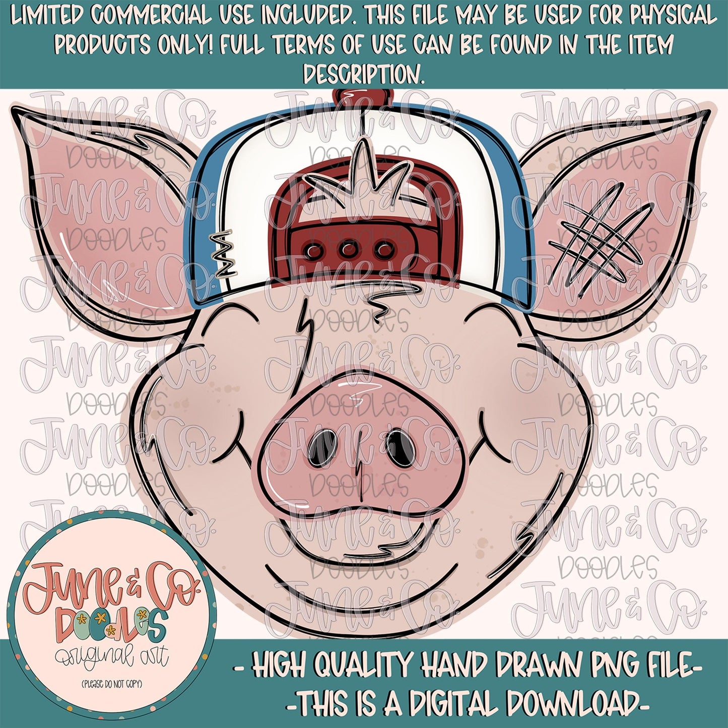 Boy Pig PNG| Cool Pig In Backwards Hat Sublimation File| Boys Farm Animal Shirt Design| Hand Drawn Printable Art| Instant Download