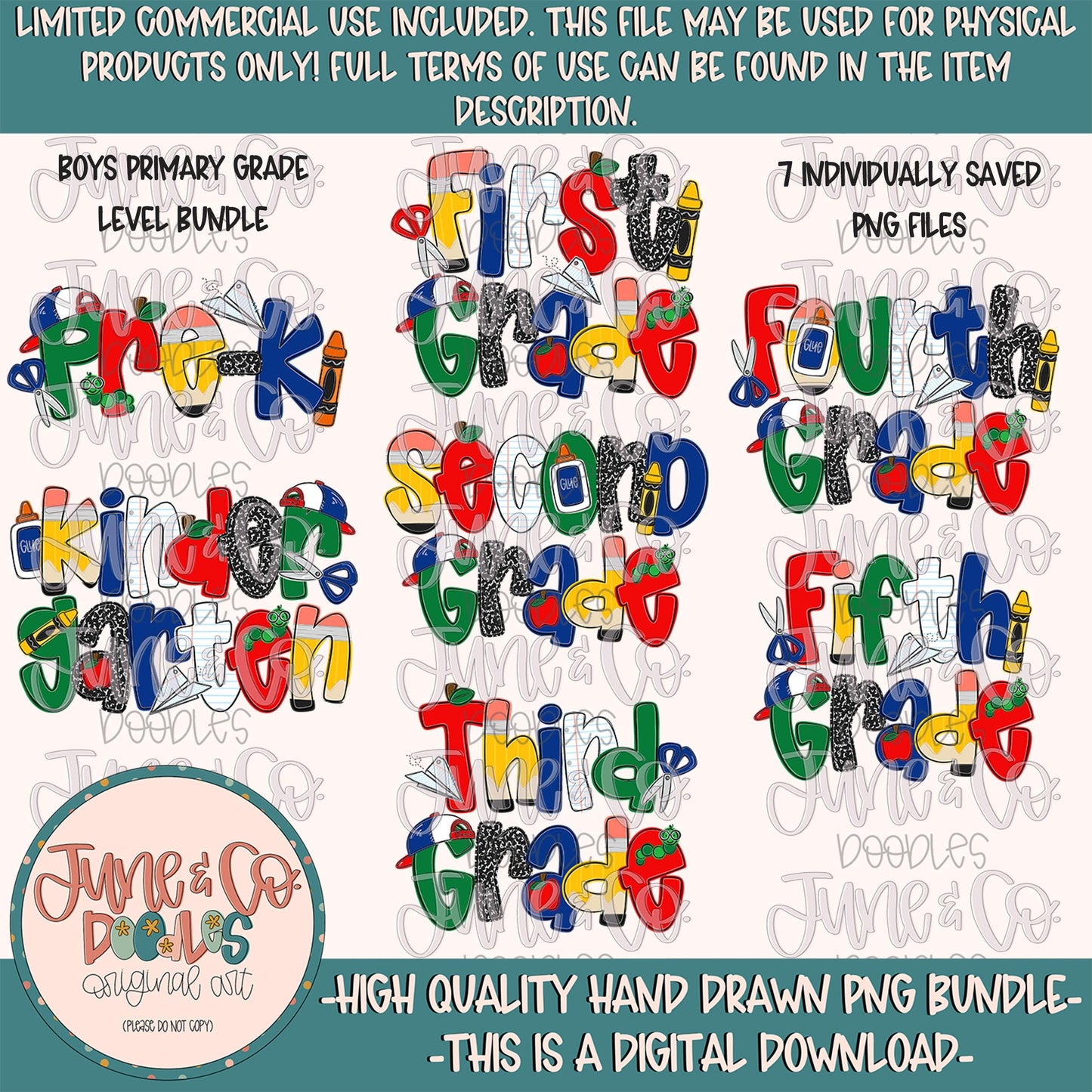 Boys Primary Grade Level PNG Bundle| Boys Back To School Sublimation File| Elementary School Shirt Design| Hand Drawn Art| Digital Download
