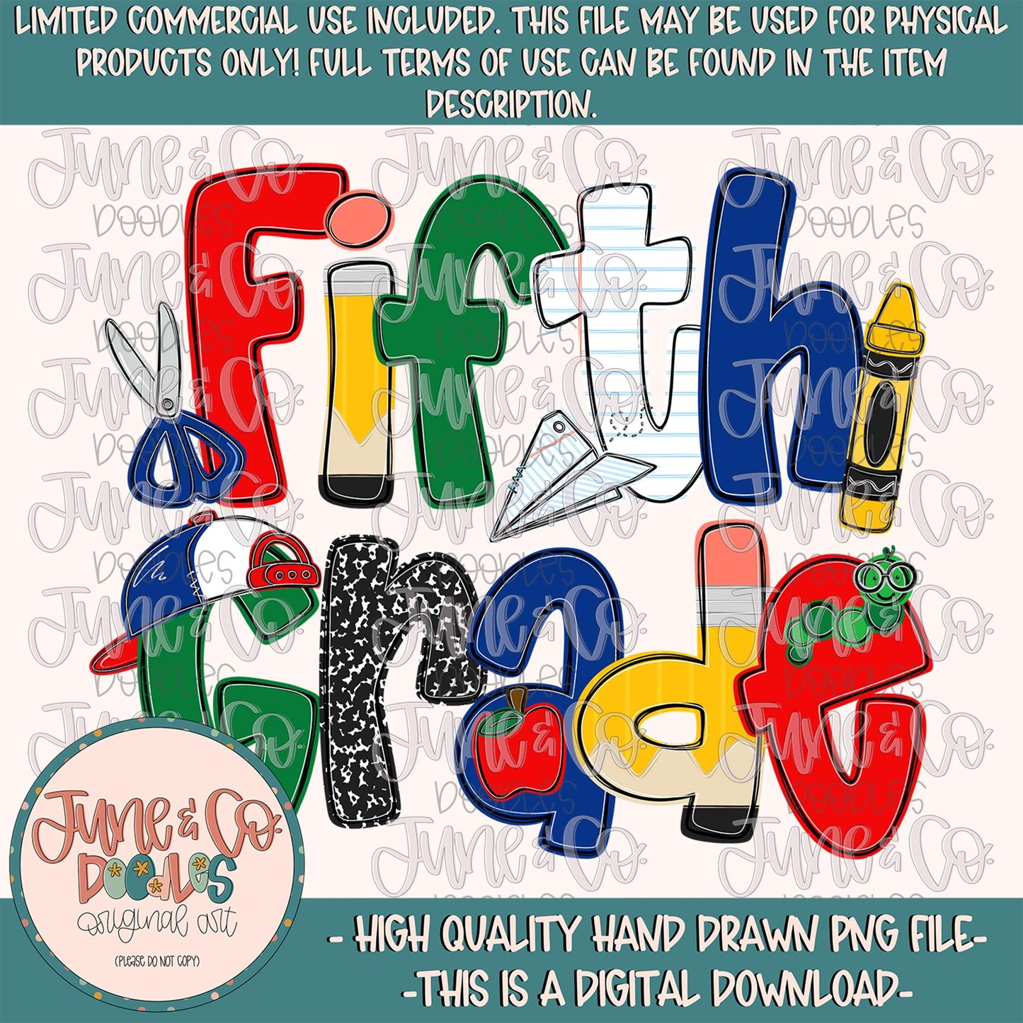 Boys Fifth Grade PNG| Cool Back To School Sublimation File| Little Boy Elementary Grade Level Design| Hand Drawn Art| Digital Download