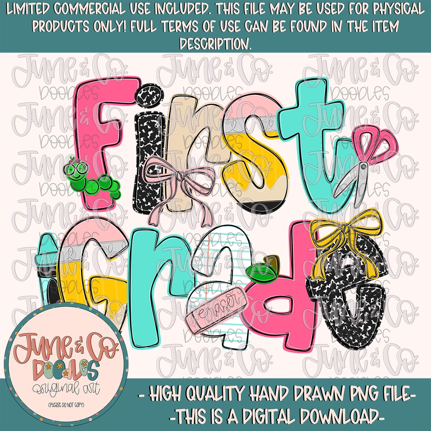 Girls First Grade PNG| Coquette Back To School Sublimation File| Girly Elementary Grade Level Design| Hand Drawn Art| Digital Download