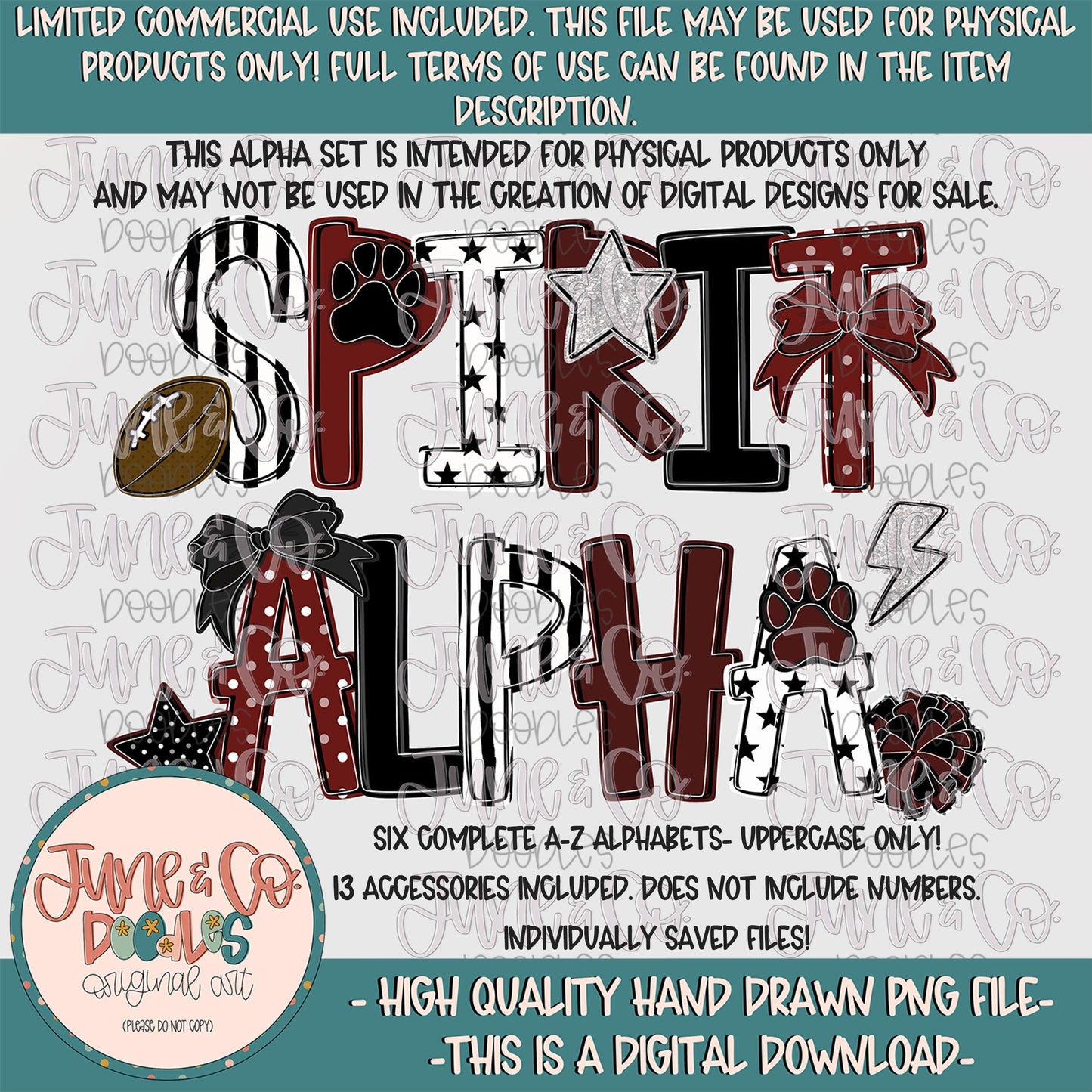Spirit Alphabet Set- Maroon & Black| Team Spirit Doodle Alpha| Individually Saved PNG Letters| A-Z Doodle Letters PNG| Digital Download