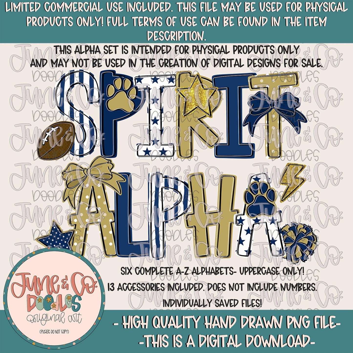 Spirit Alphabet Set- Navy And Gold| Team Spirit Doodle Alpha| Individually Saved PNG Letters| A-Z Doodle Letters PNG| Digital Download