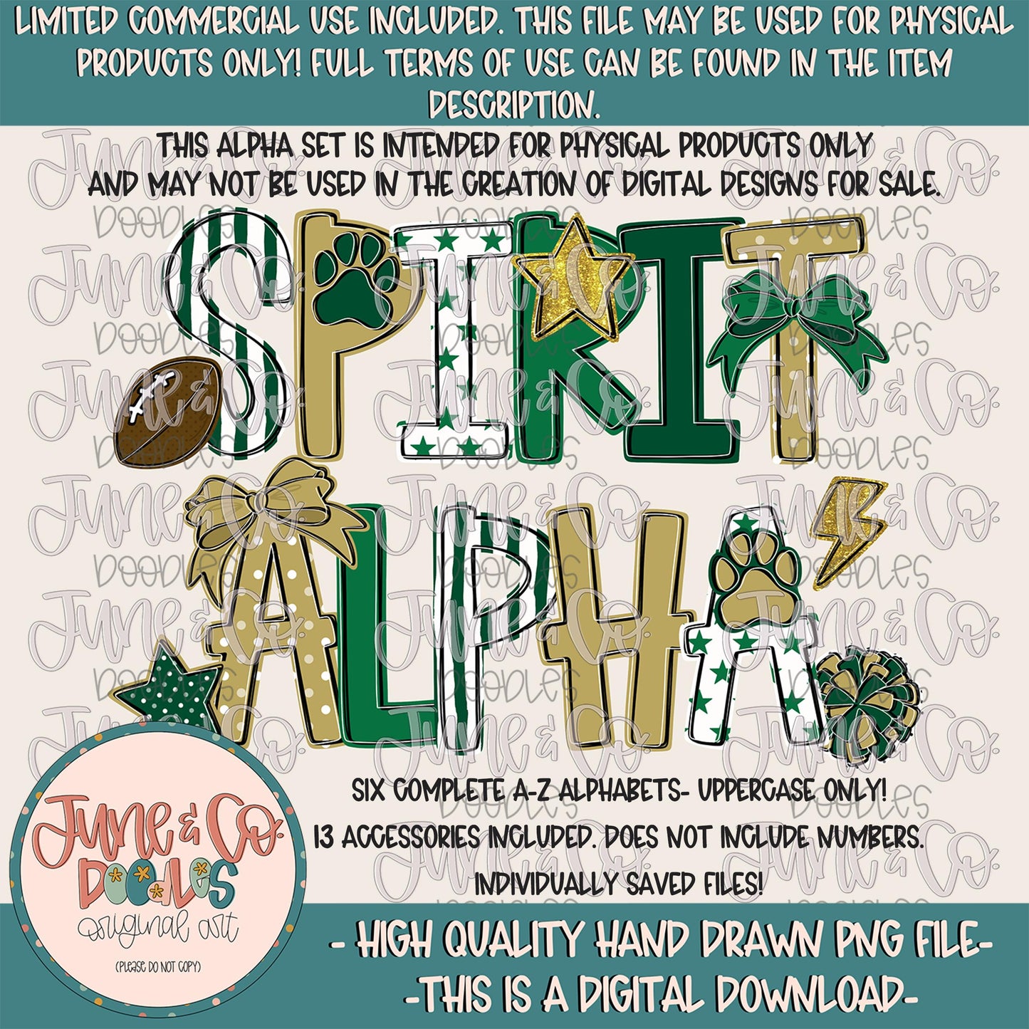 Spirit Alphabet Set- Green And Gold| Team Spirit Doodle Alpha| Individually Saved PNG Letters| A-Z Doodle Letters PNG| Digital Download