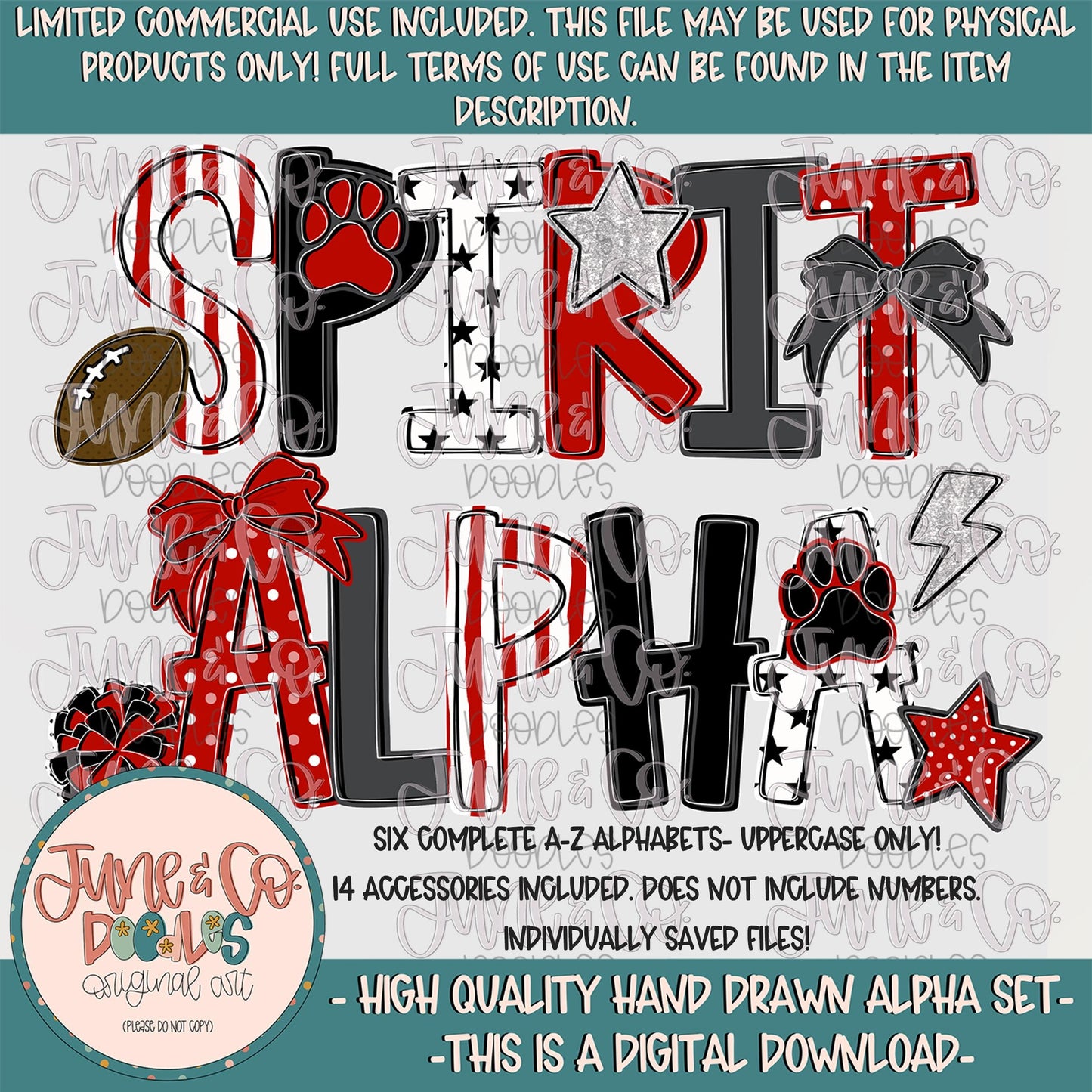 Spirit Alphabet Set- Black And Red| Team Spirit Doodle Alpha| Individually Saved PNG Letters| A-Z Doodle Letters PNG| Digital Download