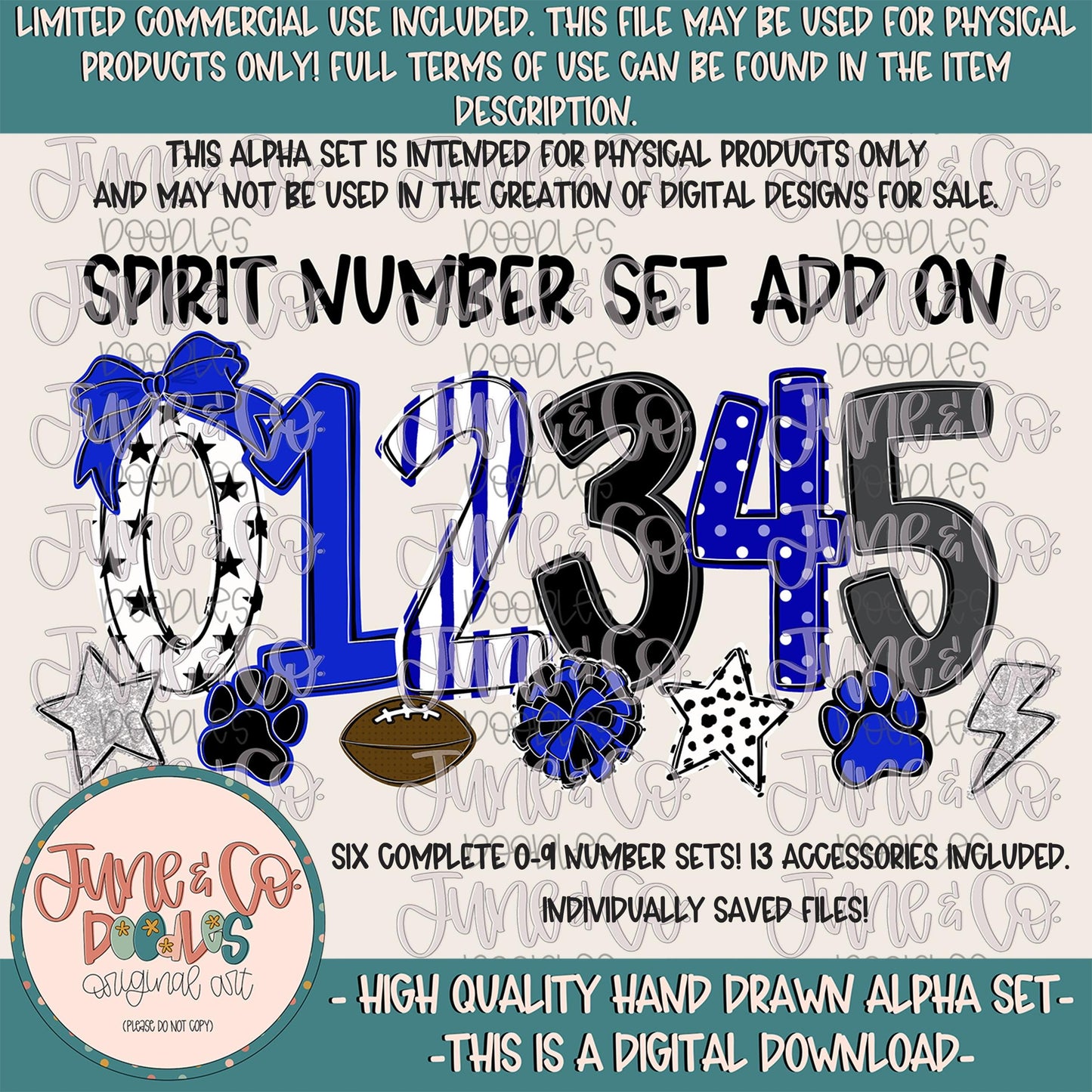 Spirit Numbers Set- Black And Royal| Team Spirit Doodle Alpha| Individually Saved PNG Numbers| 0-9 Doodle Numbers PNG| Digital Download