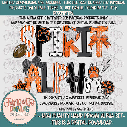 Spirit Alphabet Set- Black And Orange| Team Spirit Doodle Alpha| Individually Saved PNG Letters| A-Z Doodle Letters PNG| Digital Download