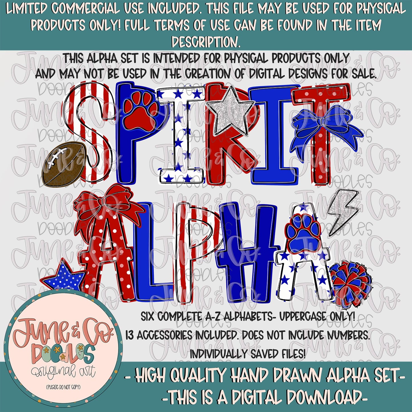 Spirit Alphabet Set- Red White Royal| Team Spirit Doodle Alpha| Individually Saved PNG Letters| A-Z Doodle Letters PNG| Digital Download