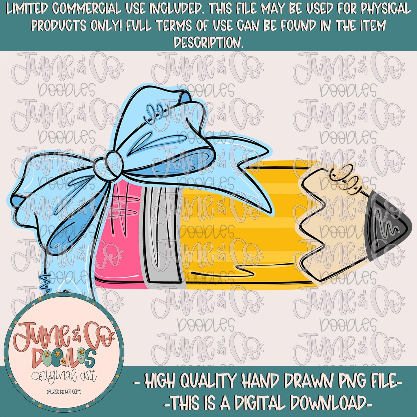 Girls Pencil With Blue Bow PNG| Coquette Back To School DTF File| Girly Elementary School Shirt Design| Hand Drawn Art| Digital Download