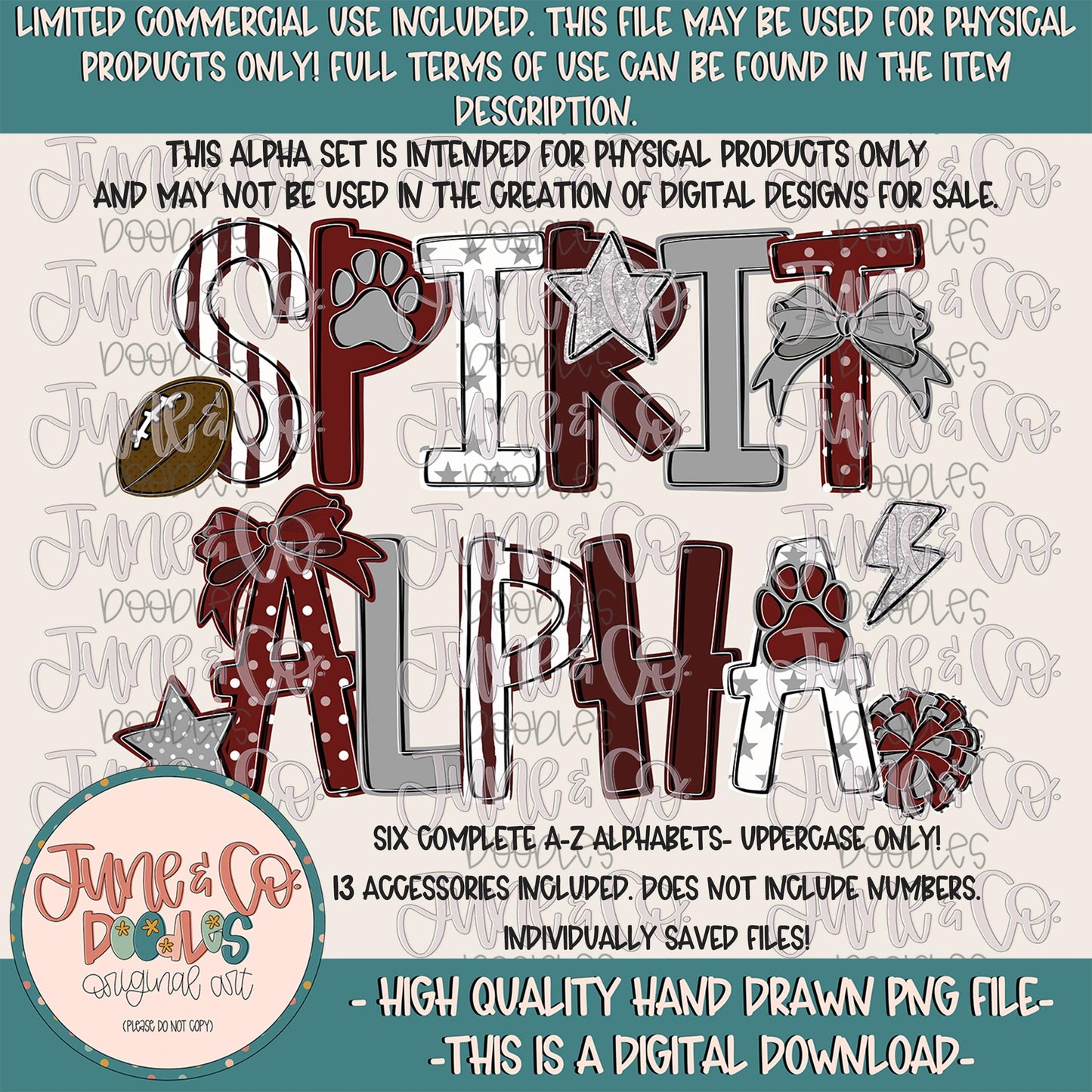 Spirit Alphabet Set- Maroon & Gray| Team Spirit Doodle Alpha| Individually Saved PNG Letters| A-Z Doodle Letters PNG| Digital Download
