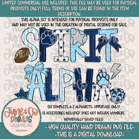 Spirit Alphabet Set- Light Blue & Navy| Team Spirit Doodle Alpha| Individually Saved PNG Letters| A-Z Doodle Letters PNG| Digital Download