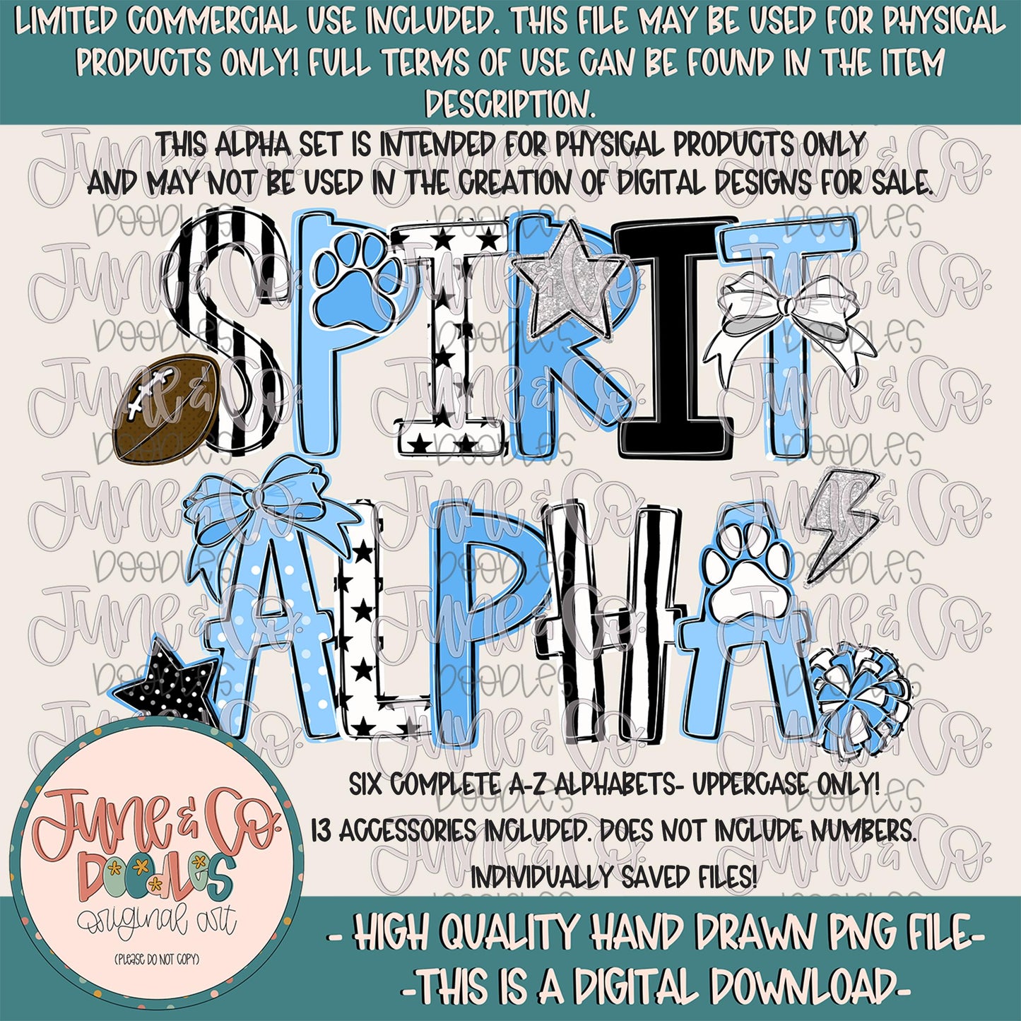 Spirit Alphabet- Baby Blue, Black, White| Team Spirit Doodle Alpha| Individually Saved PNG Letters| A-Z Doodle Letters PNG| Digital Download