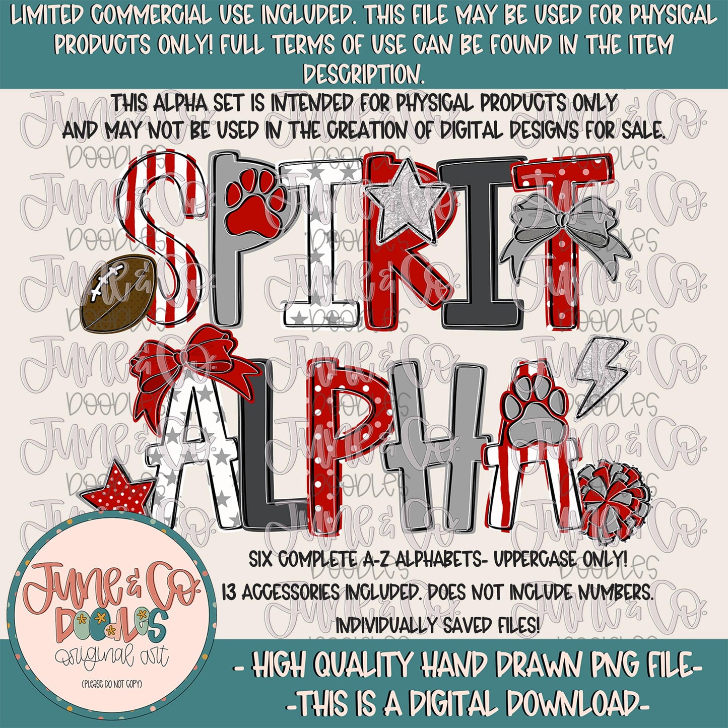 Spirit Alphabet Set- Red & Gray| Team Spirit Doodle Alpha| Individually Saved PNG Letters| A-Z Doodle Letters PNG| Digital Download