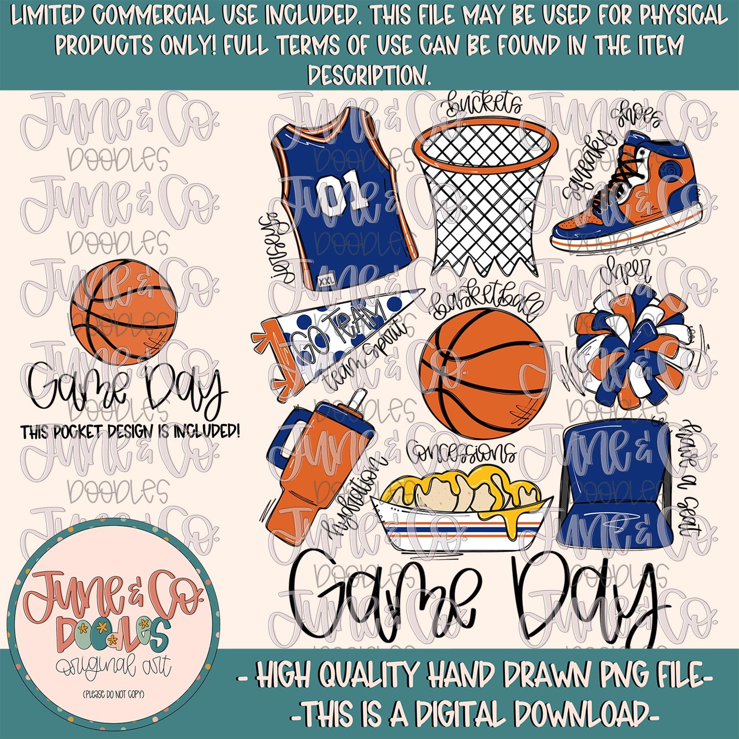 Basketball Game Day- Orange & Navy PNG| Basketball Things Sublimation File| Team Spirit Shirt Design| Hand Drawn Art Digital Download