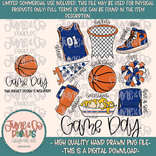 Basketball Game Day- Orange & Navy PNG| Basketball Things Sublimation File| Team Spirit Shirt Design| Hand Drawn Art Digital Download