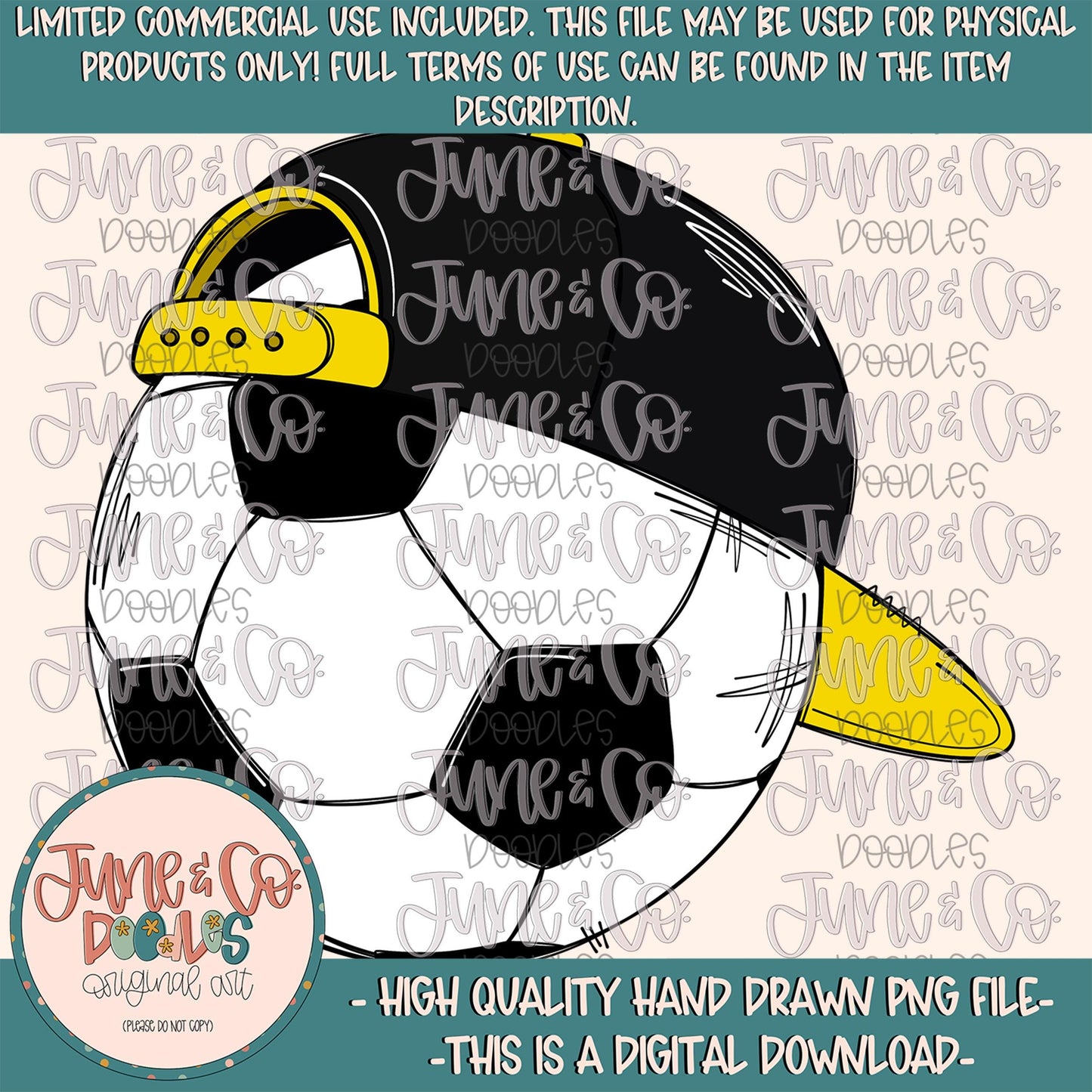 Cool Soccer Ball- Black & Yellow PNG| Soccer Ball With Hat Sublimation File|Boys Soccer Shirt Design| Hand Drawn Art| Digital Download