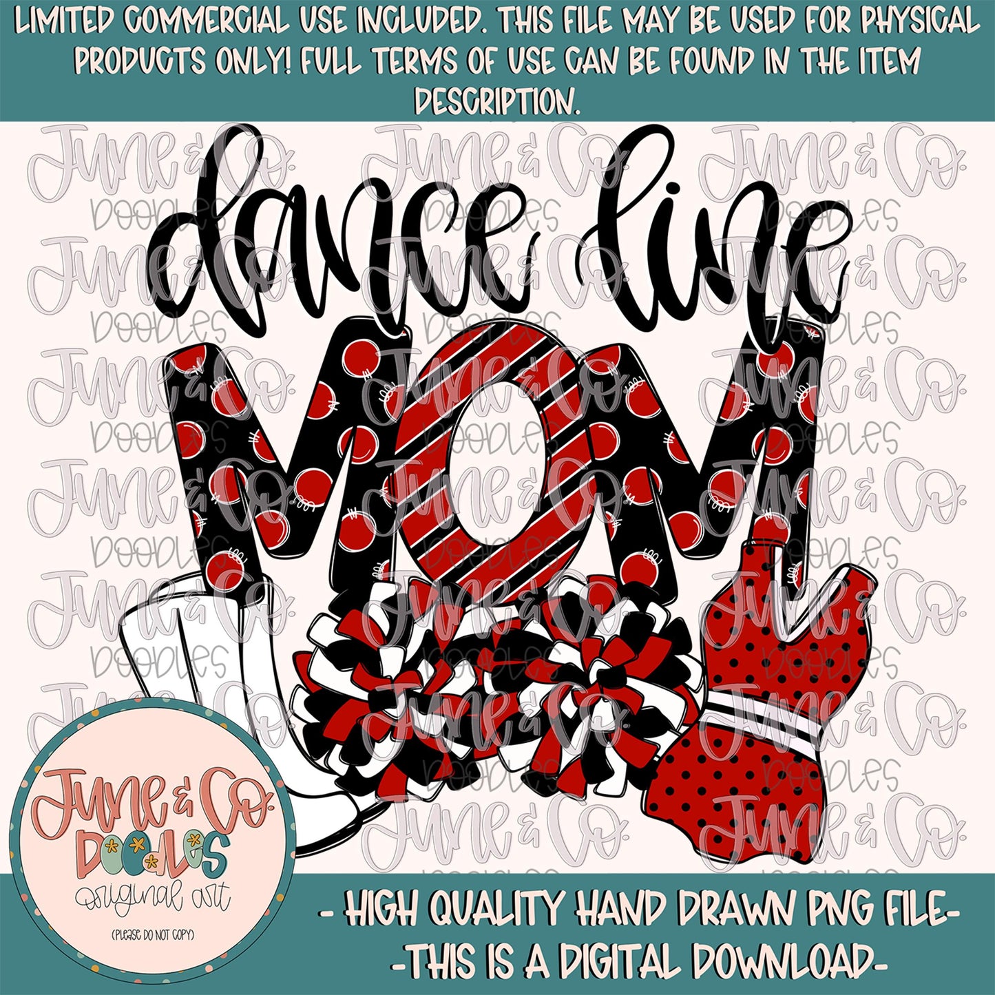 Dance Line Mom- Black & Red PNG| Sports Mom Sublimation File| Game Day Graphic| Football Season Design| Hand Drawn Art| Digital Download