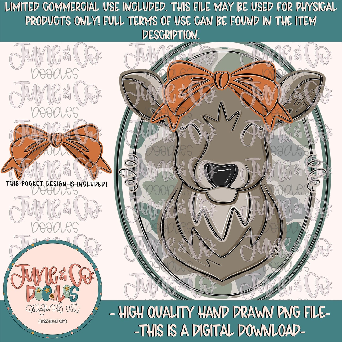 Girls Camo Deer With Bow PNG| Coquette Hunting Season Sublimation File| Doe With A Bow Shirt Design| Hand Drawn Art| Digital Download