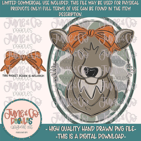 Girls Camo Deer With Bow PNG| Coquette Hunting Season Sublimation File| Doe With A Bow Shirt Design| Hand Drawn Art| Digital Download