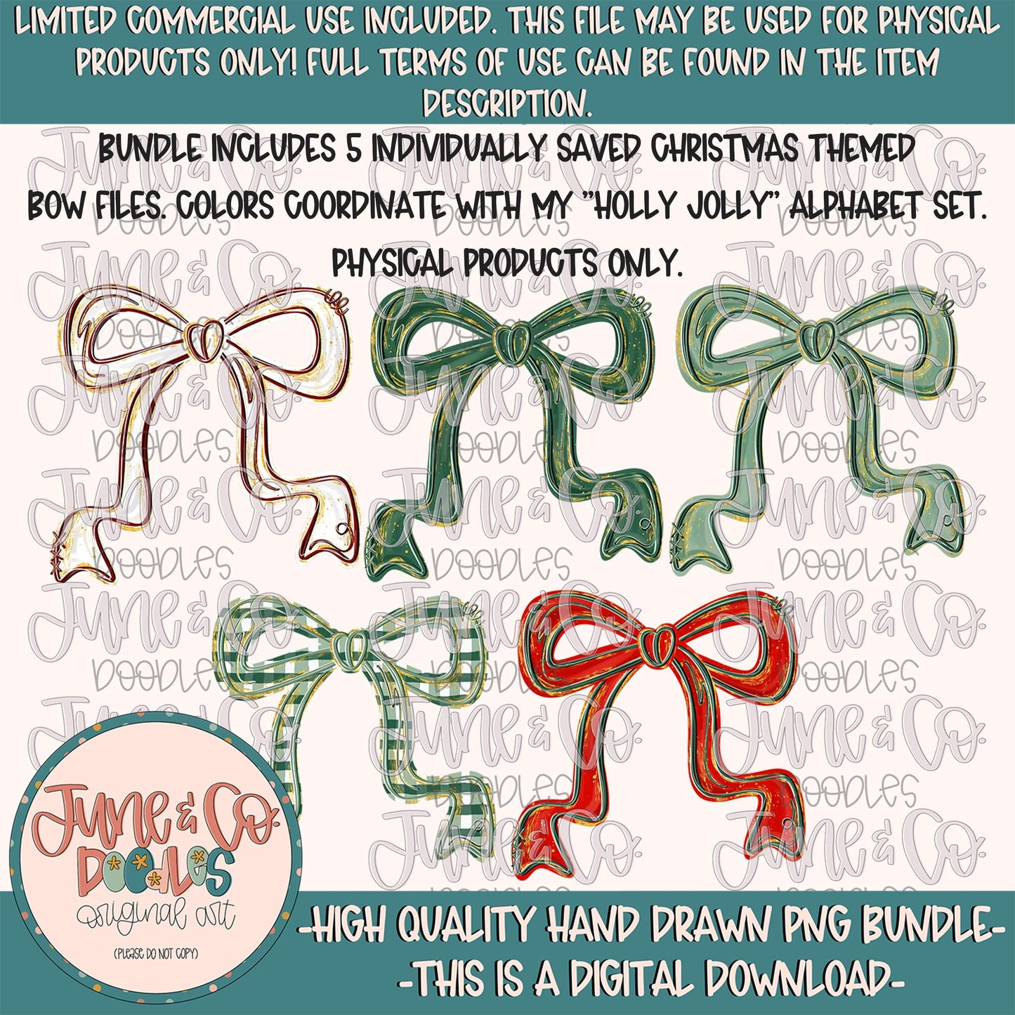 Large Holiday Bow PNG Bundle| Coquette Holiday Sublimation File| Preppy Christmas Design| Christmas Bows| Hand Drawn Art| Digital Download