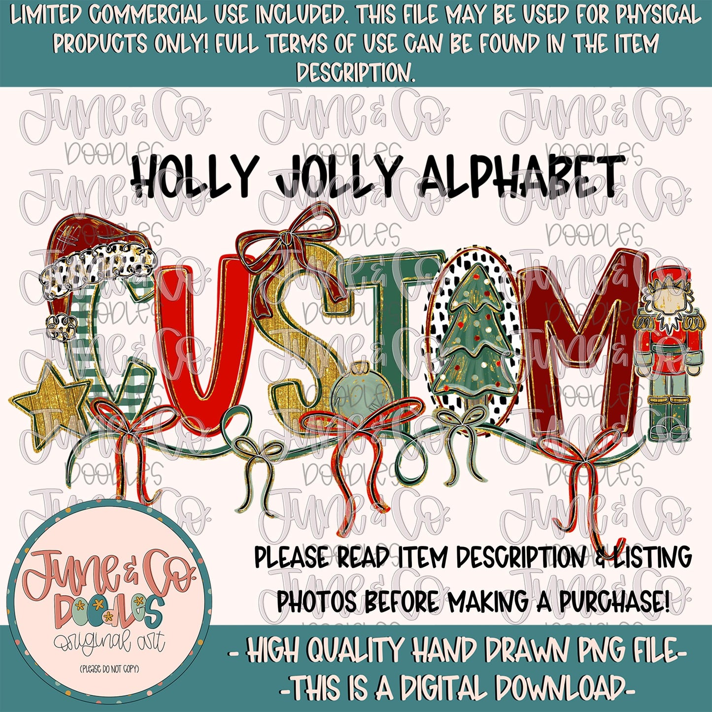 Holly Jolly Alpha Custom PNG| Made To Order Christmas Design |Doodle Letter Word/Name By Request| Hand Drawn Art| Digital Download