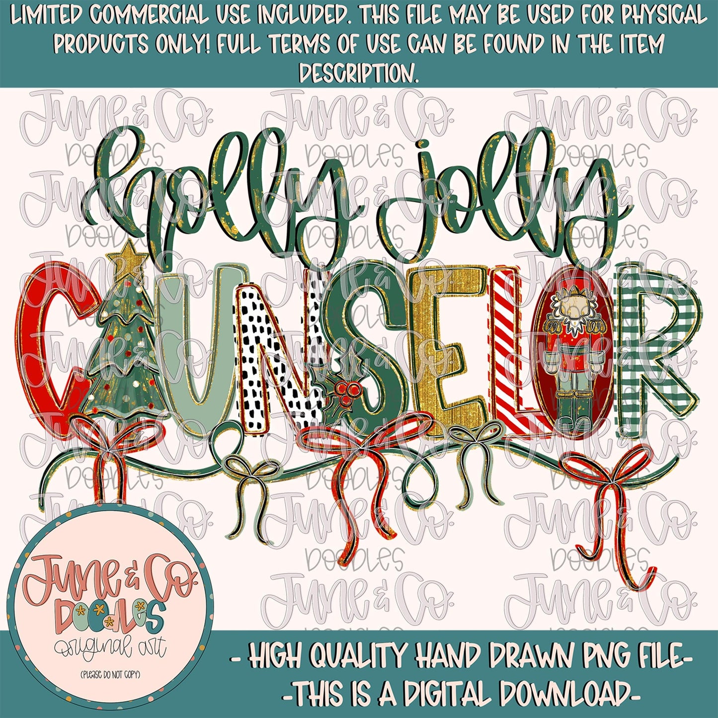 Holly Jolly Counselor PNG| Christmas Occupation Sublimation File| Coquette Holiday Season Shirt Design| Hand Drawn Art| Digital Download