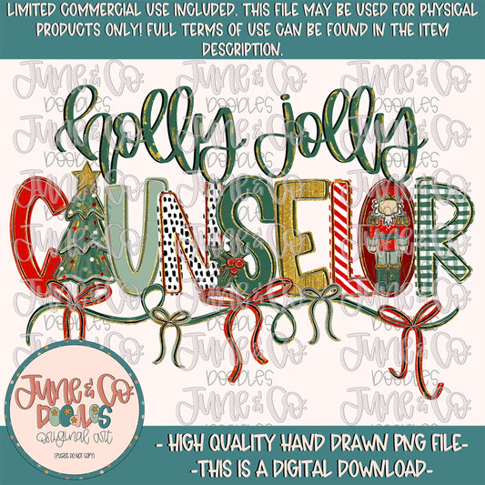 Holly Jolly Counselor PNG| Christmas Occupation Sublimation File| Coquette Holiday Season Shirt Design| Hand Drawn Art| Digital Download