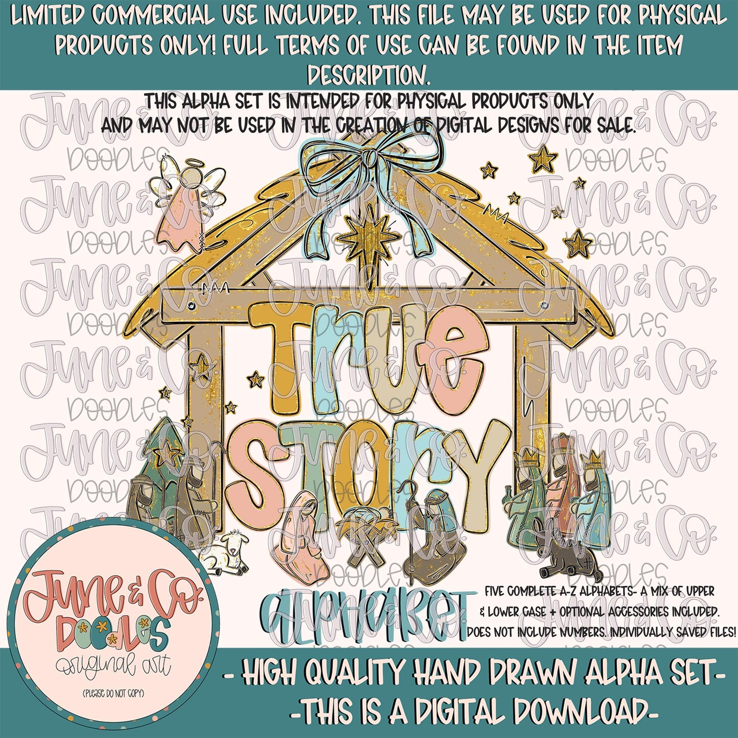 Girls True Story Alphabet Set- PNG| Christmas Nativity Doodle Alpha| Individually Saved Letters| A-Z Doodle Letters PNG| Digital Download