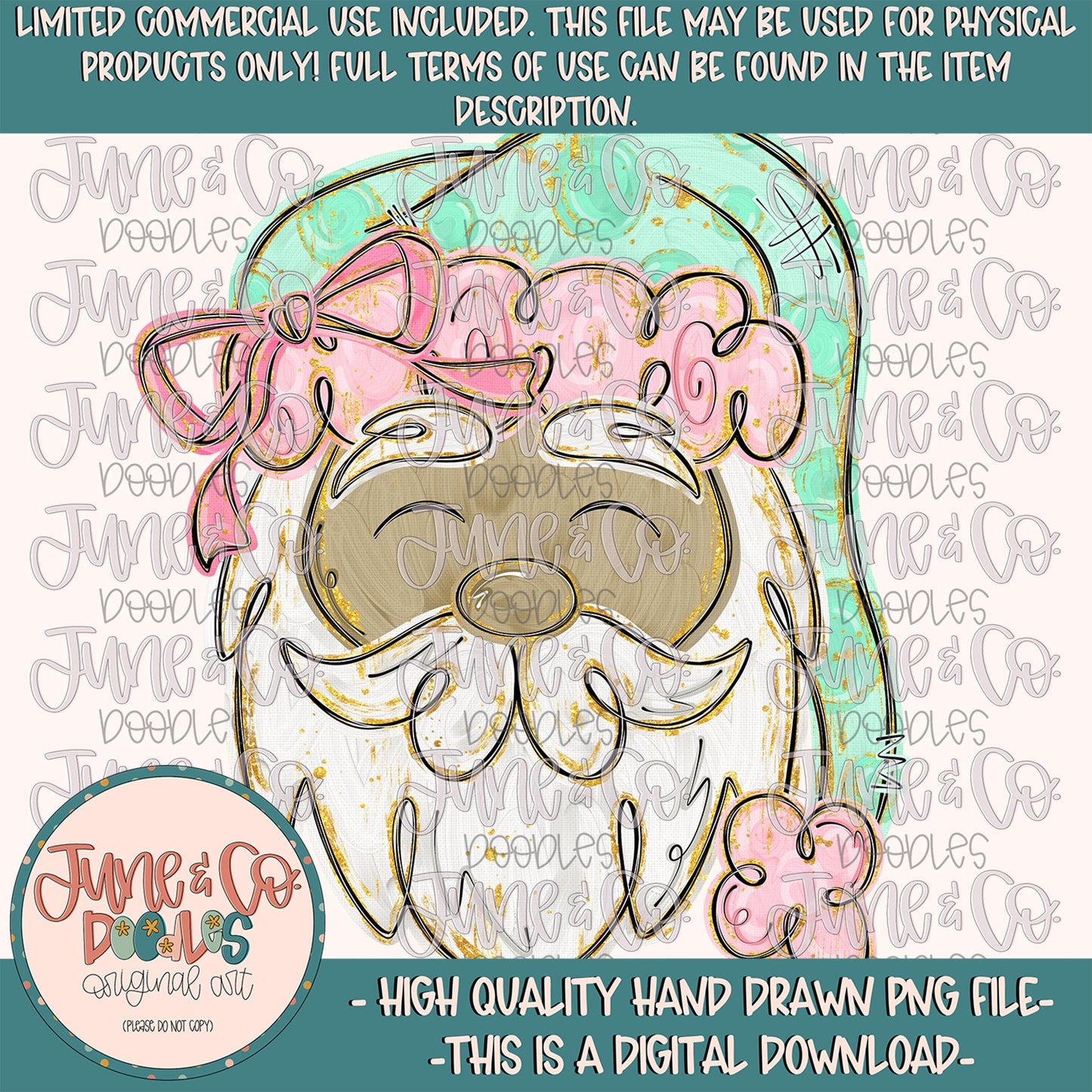 Painted Santa PNG-Mint & Pink-Brown Skin Tone| Brush Stroke Santa Sublimation File| Girly Christmas Design| Hand Drawn Art| Digital Download