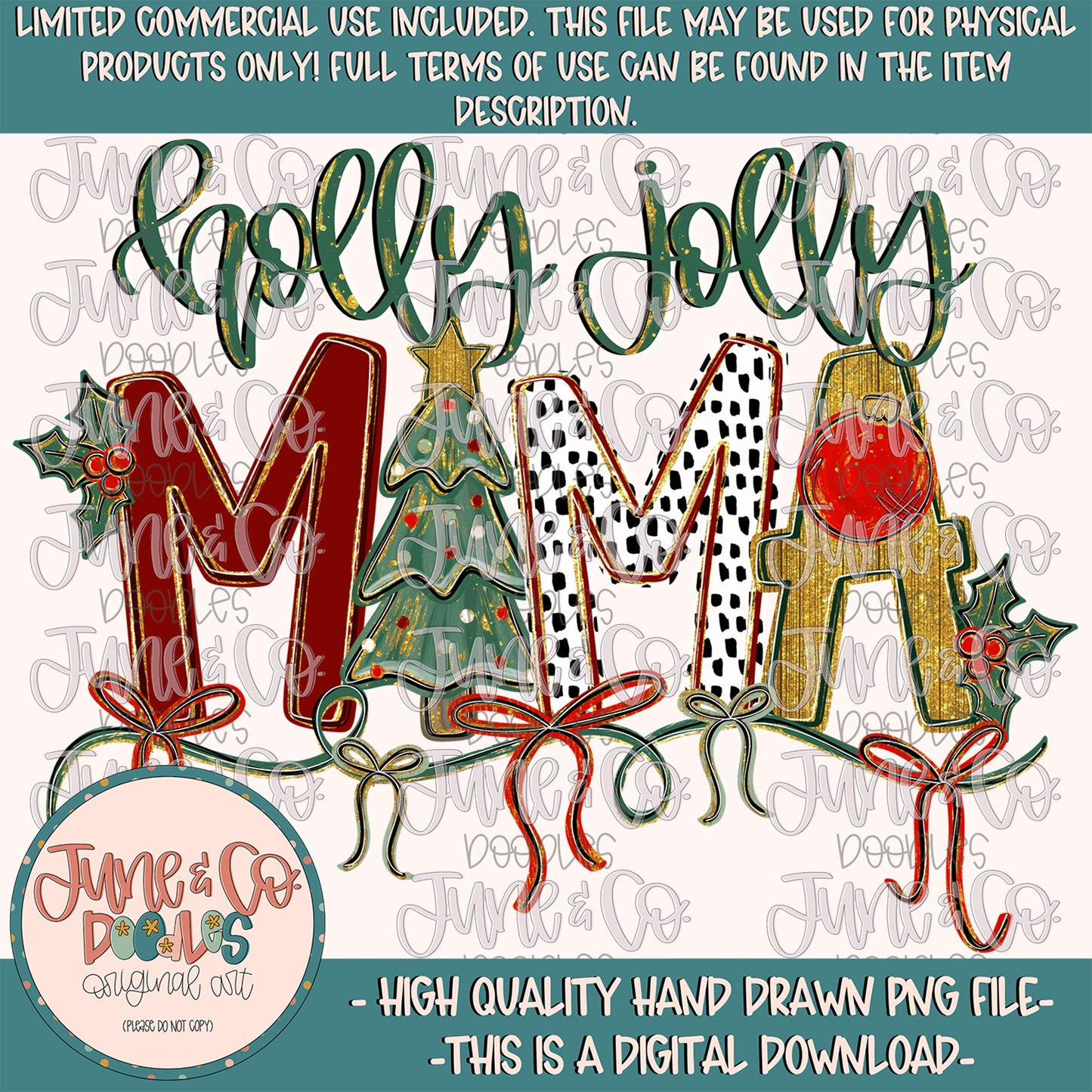 Holly Jolly Mama PNG| Christmas Mom & Me Sublimation File| Coquette Holiday Season Shirt Design| Hand Drawn Art| Digital Download