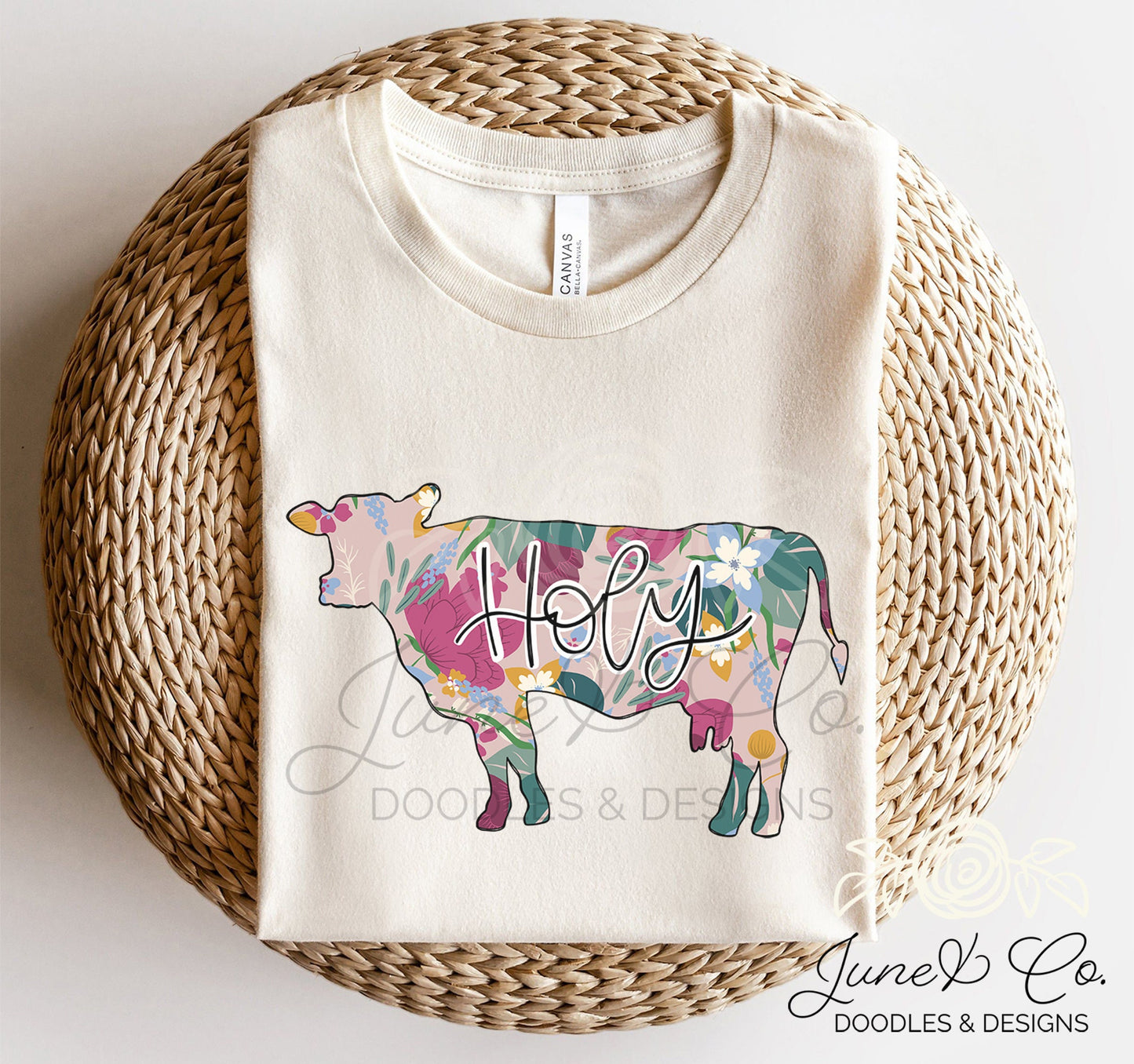 Floral Holy Cow PNG| Cow Silhouette Sublimation File| Country Shirt Design| Farm Animal Printable Art| Hand Lettered| Instant Download
