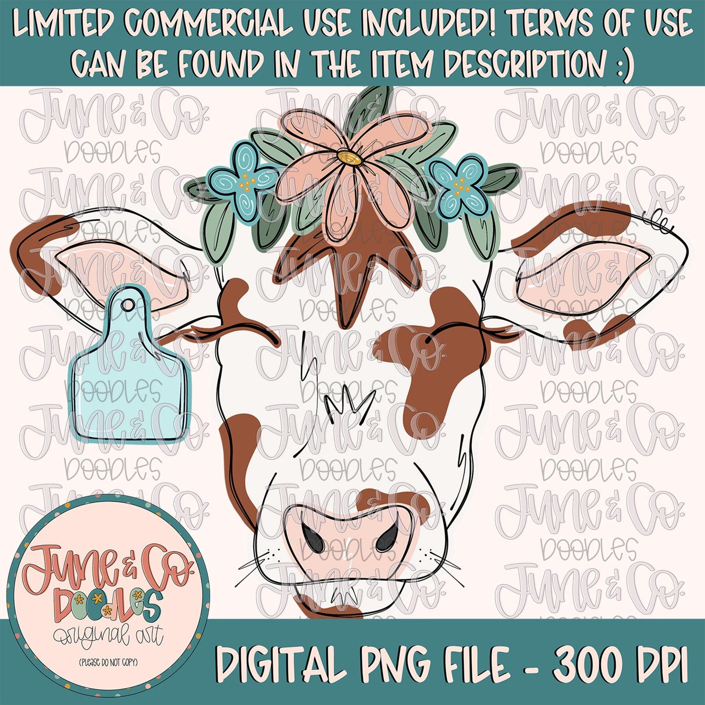 Floral Cow PNG| Girly Cow With Flowers Sublimation File| Girls Cow Tag Shirt Design| Farm Animal Printable Art| Instant Download