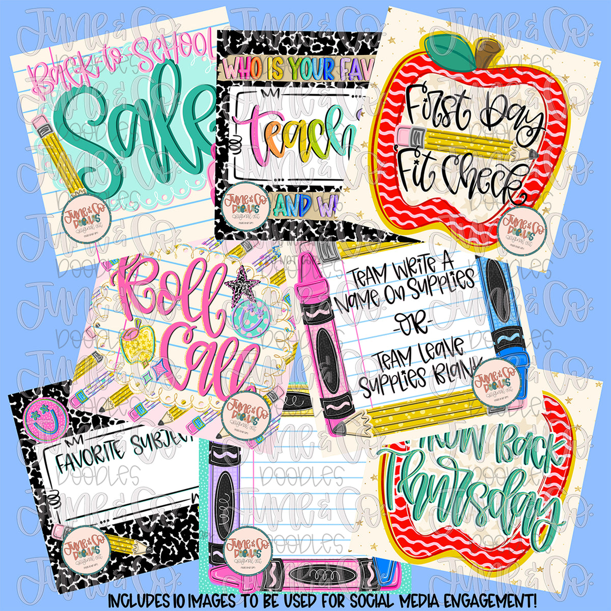 Back To School Engagement Bundle| 10 Hand Drawn Social Media Prompts| Hand Lettering| School Themed Engagement Posts| Digital Download